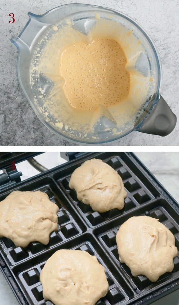 2 photo collage of waffle batter in a blender and iron.