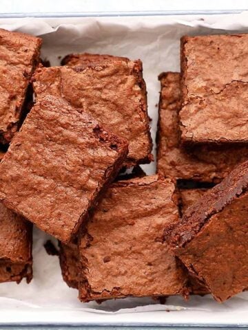 white tray with baked almond flour brownies.