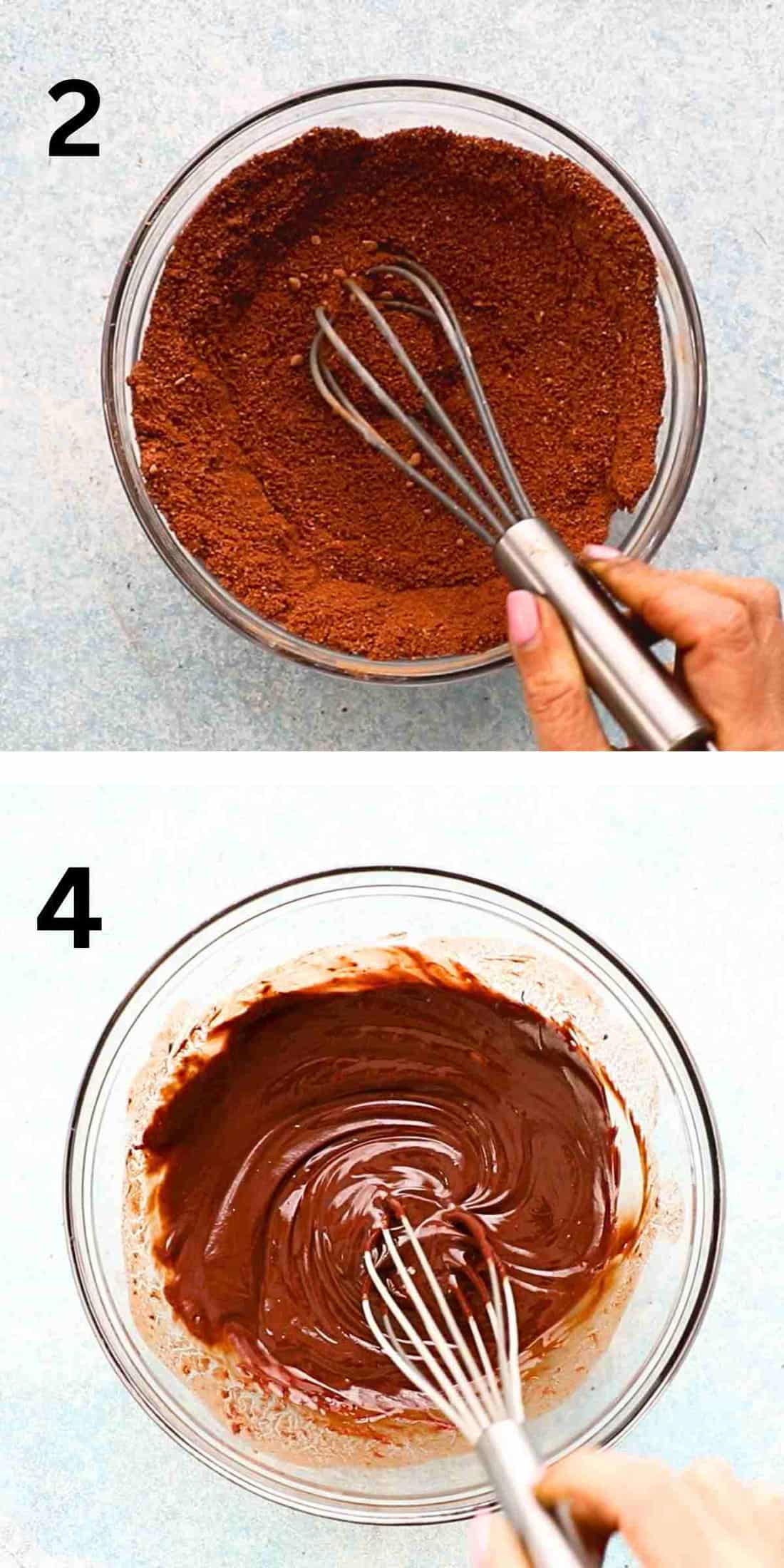 2 photo collage of mixing brownie batter in a glass bowl.