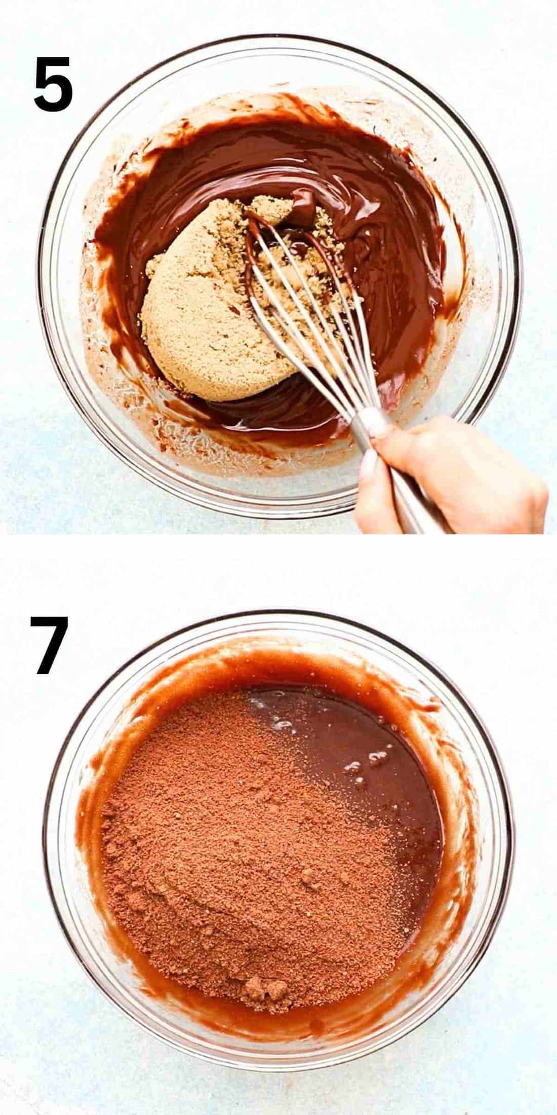 2 photo collage of mixing brownie batter in a glass bowl.