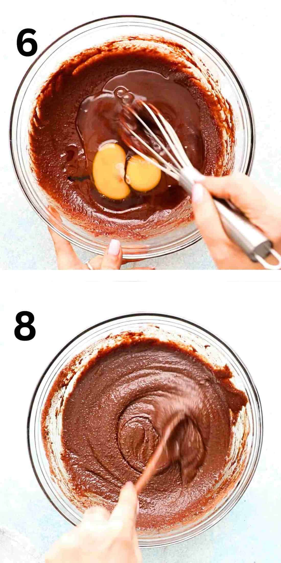 2 photo collage of mixing brownie batter in a glass bowl.