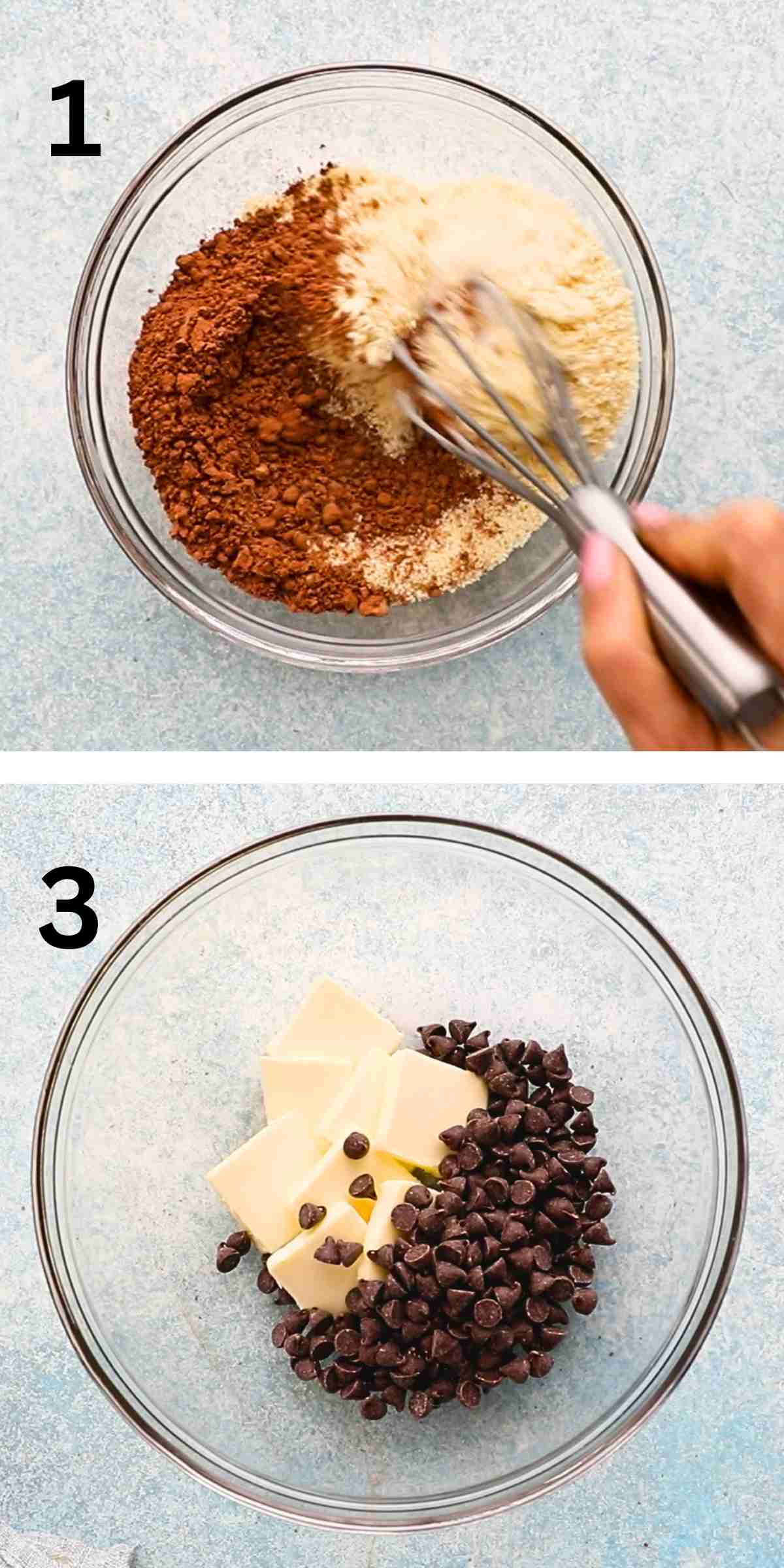 2 photo collage of mixing brownie batter in a glass bowl.