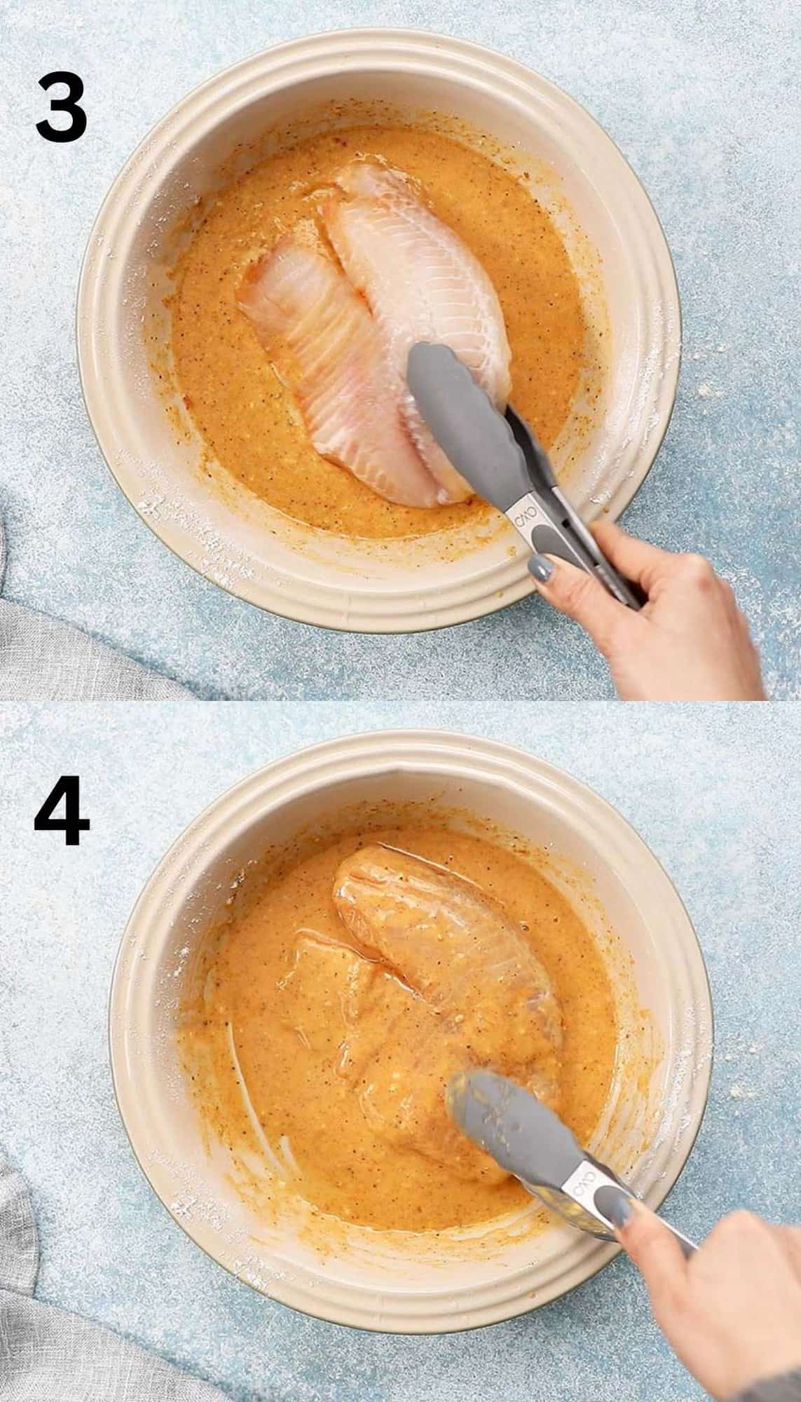 2 photo collage of coating a fish fillet with egg batter using tongs.