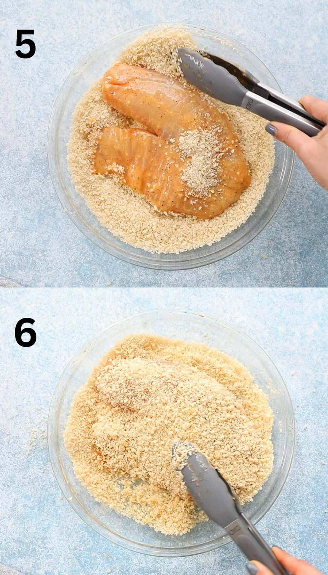 2 photo collage of coating the fish fillet with panko bread crumbs.