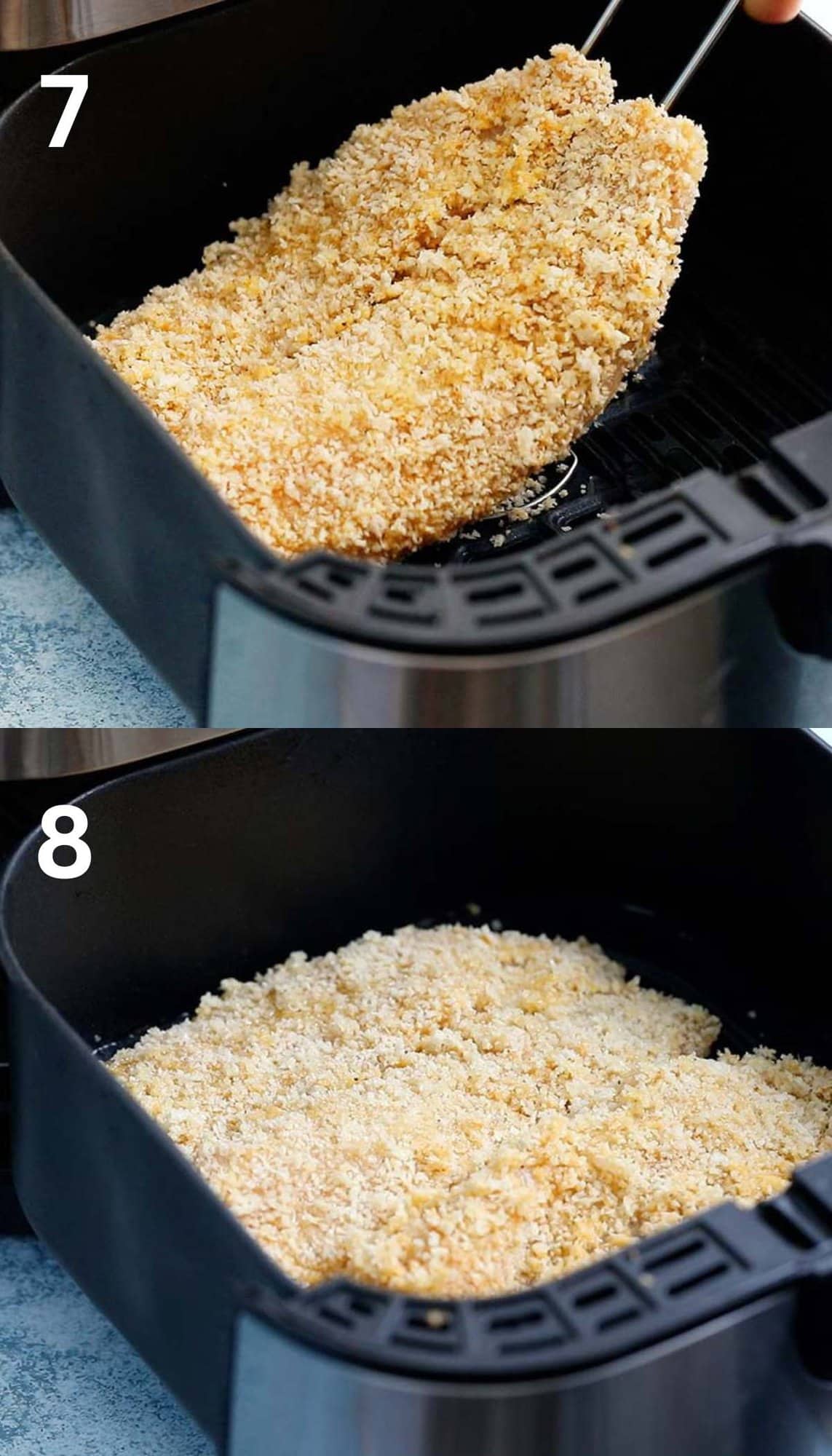 2 photo collage of placing breaded fish into an air fryer basket.