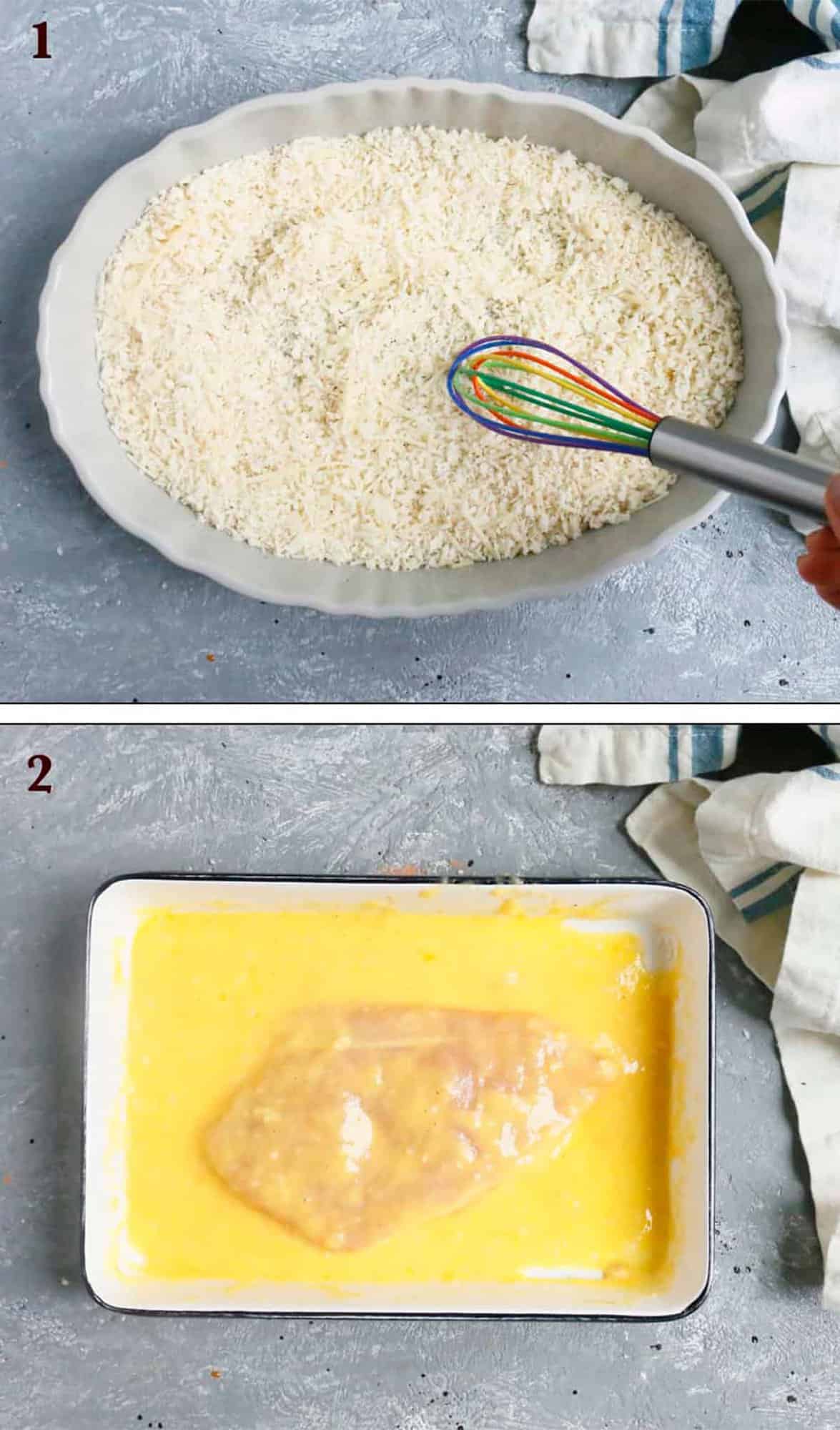 2 photo collage of mixing breadcrumbs and egg wash for chicken.