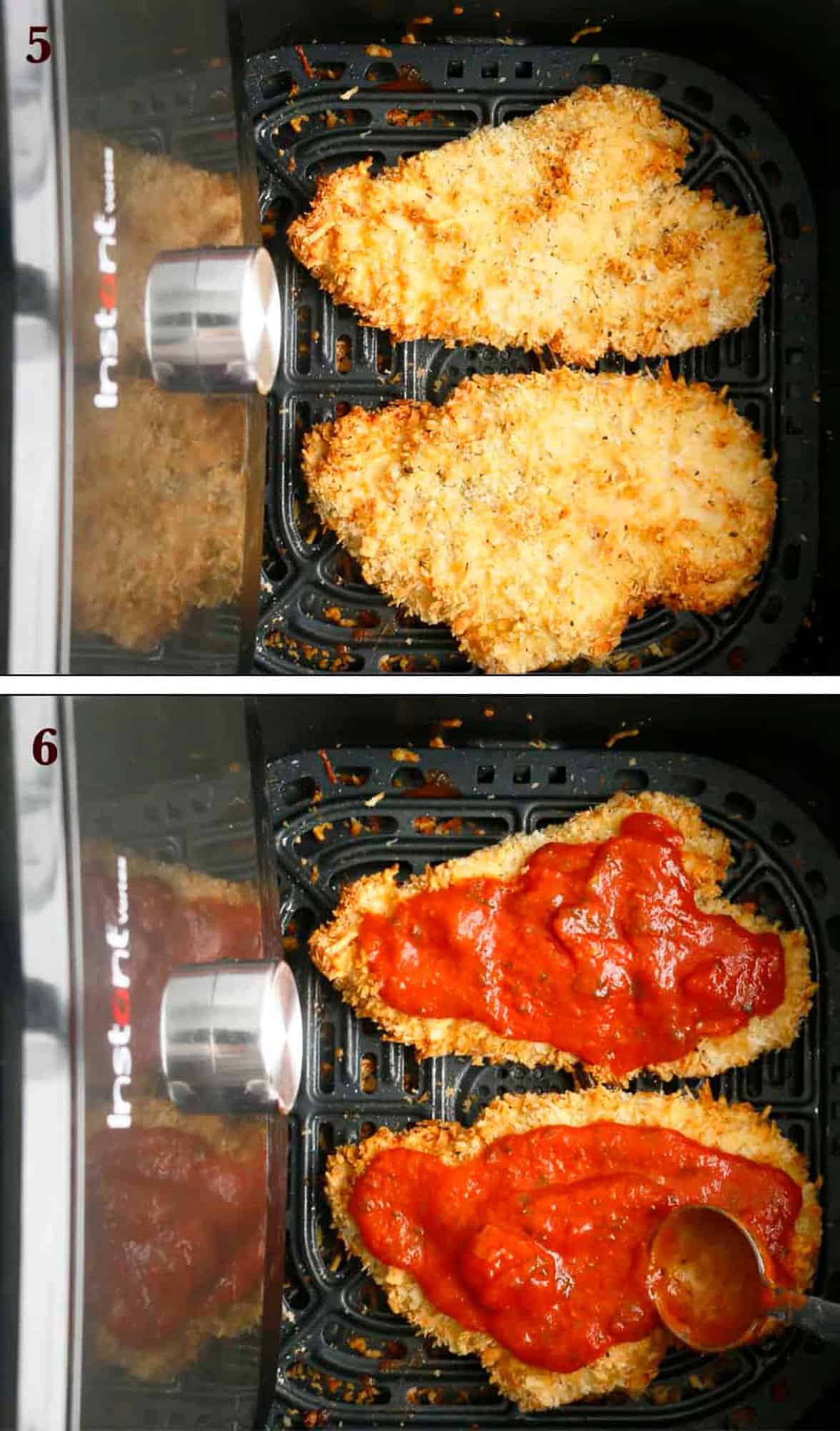 2 photo collage of 2 breaded chicken breasts in an air fryer basket. 
