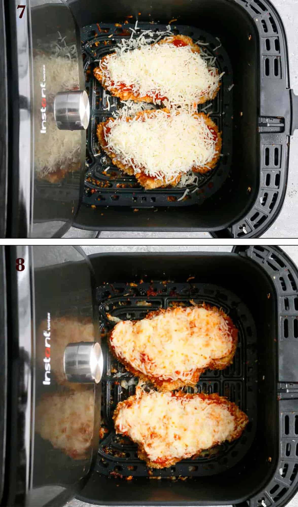 2 photo collage of 2 breaded chicken breasts topped with cheese, in an air fryer basket. 