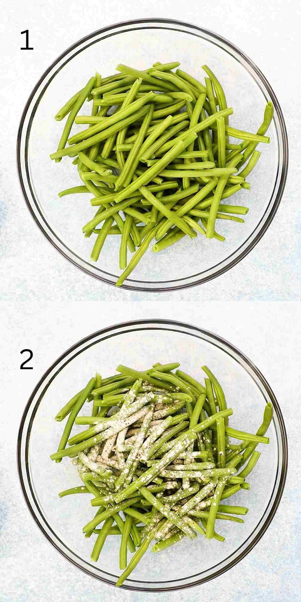 raw green beans with spices in a large glass bowl.