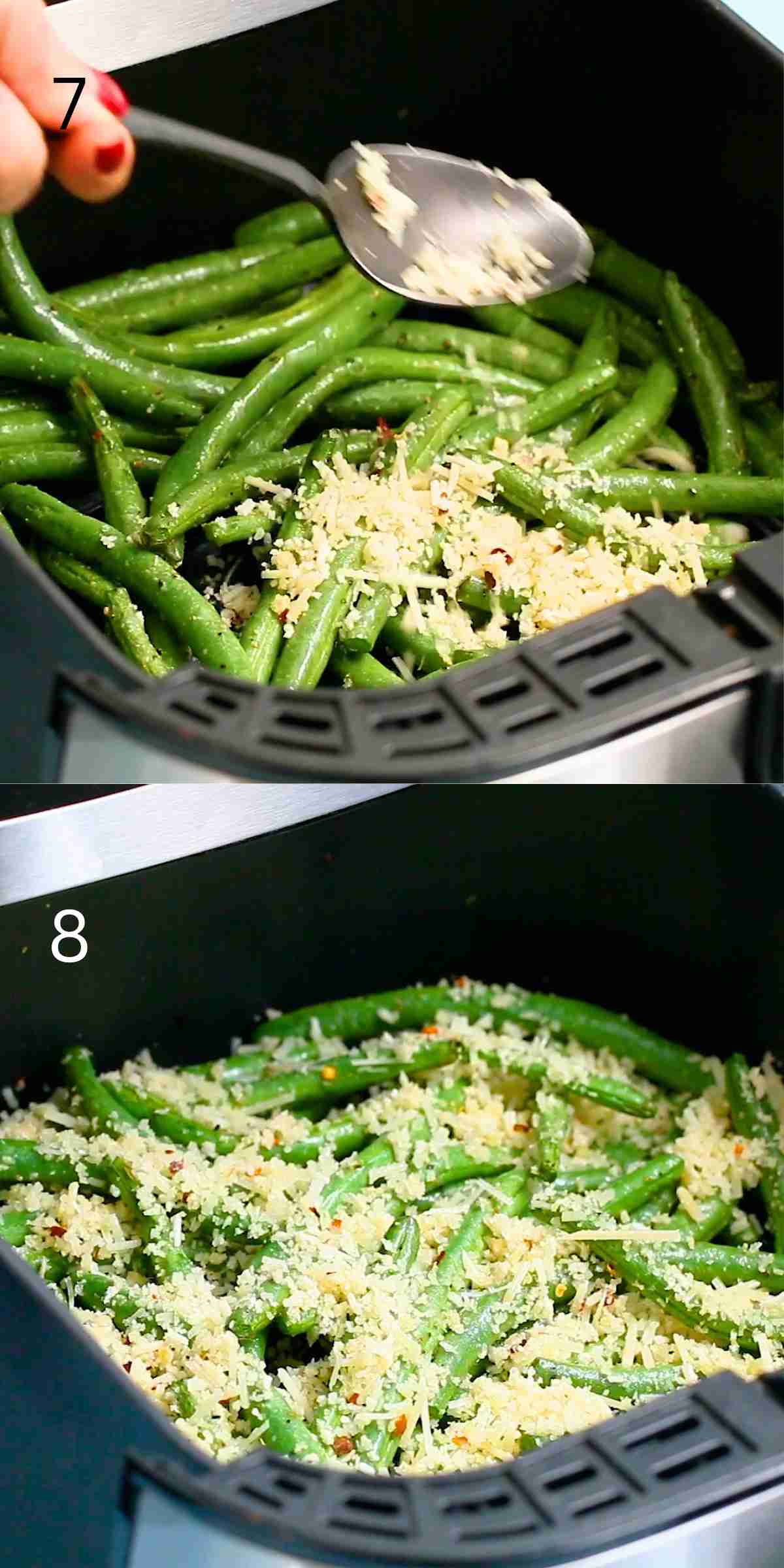 cooked green beans in an air fryer basket.