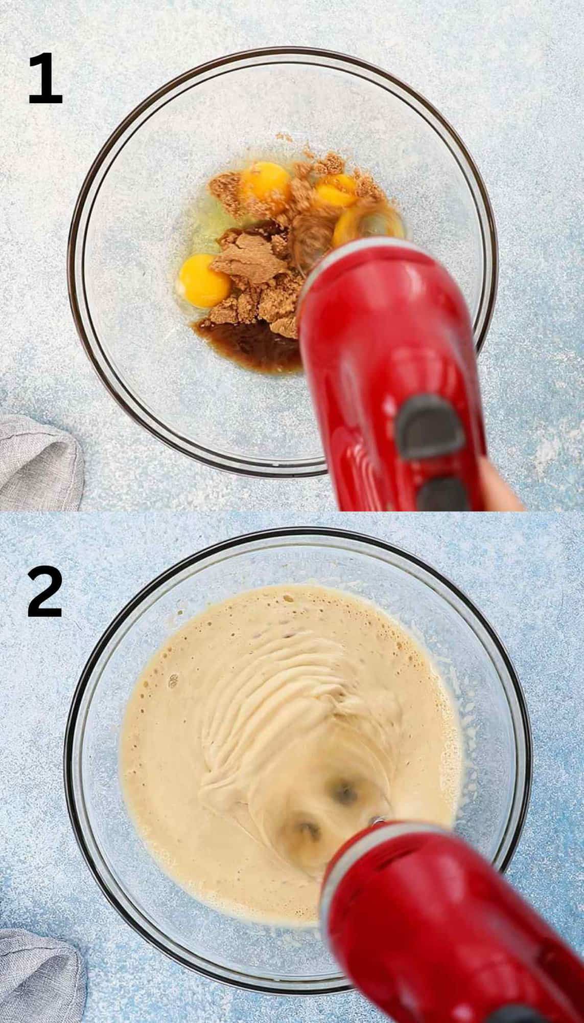 two photo collage of beating eggs and sugar in a glass bowl with a red mixer. 