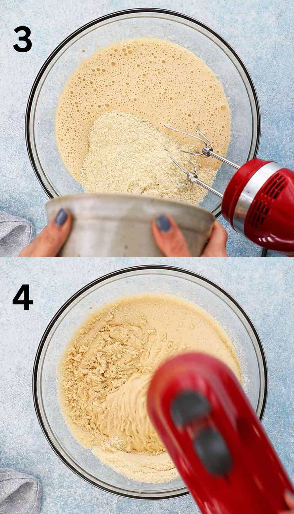 2 photo collage of adding and mixing almond flour in a glass bowl using a red mixer.