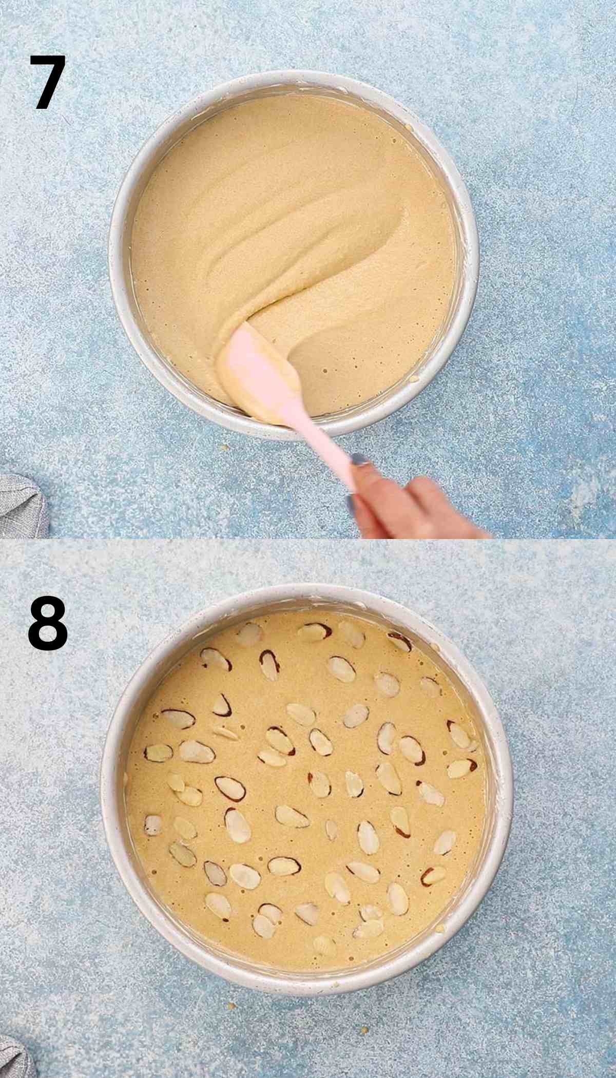 2 photo collage of spreading cake batter in a round aluminium cake pan.