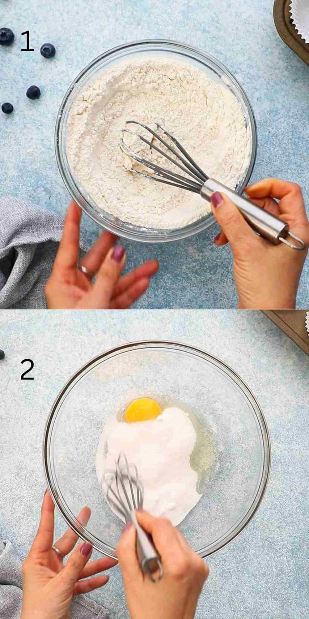 2 photo collage of mixing flour mixture, and egg with sugar in a glass bowl.
