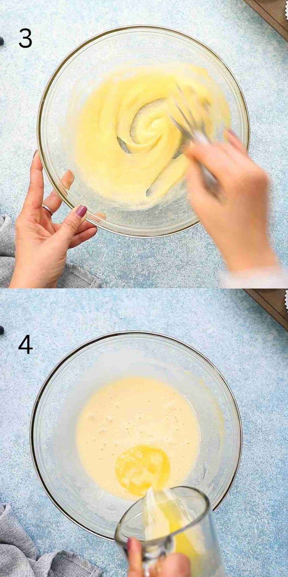 2 photo collage of mixing wet ingredients in a glass bowl. 