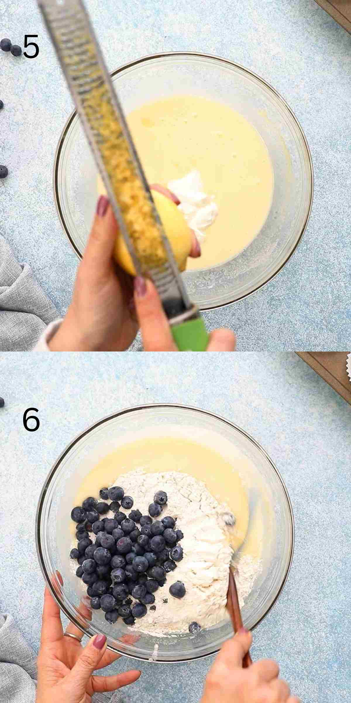 2 photo collage of zesting a lemon and making muffin batter.