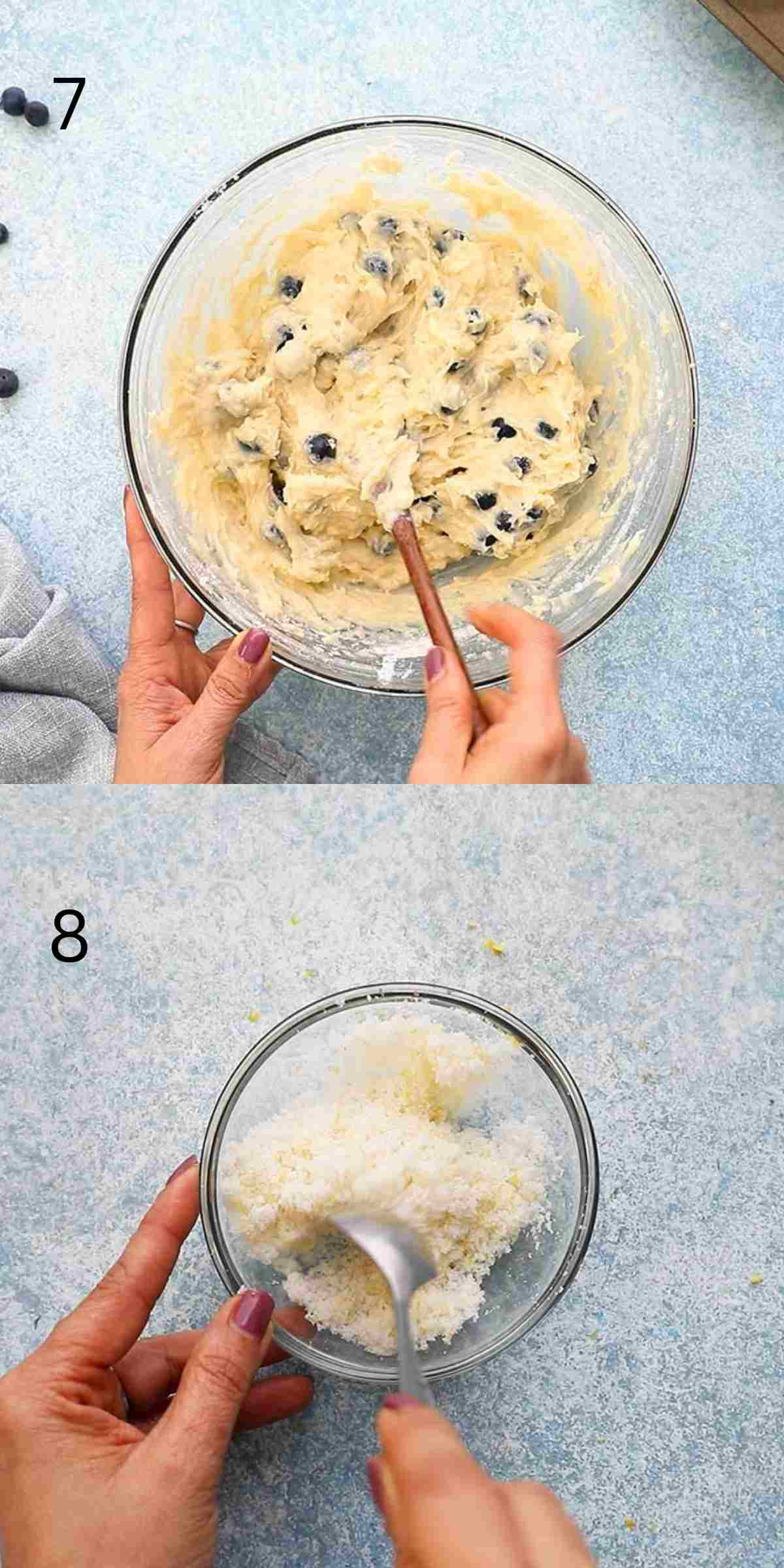 2 photo collage of mixing muffin batter and stirring sugar in glass bowls.