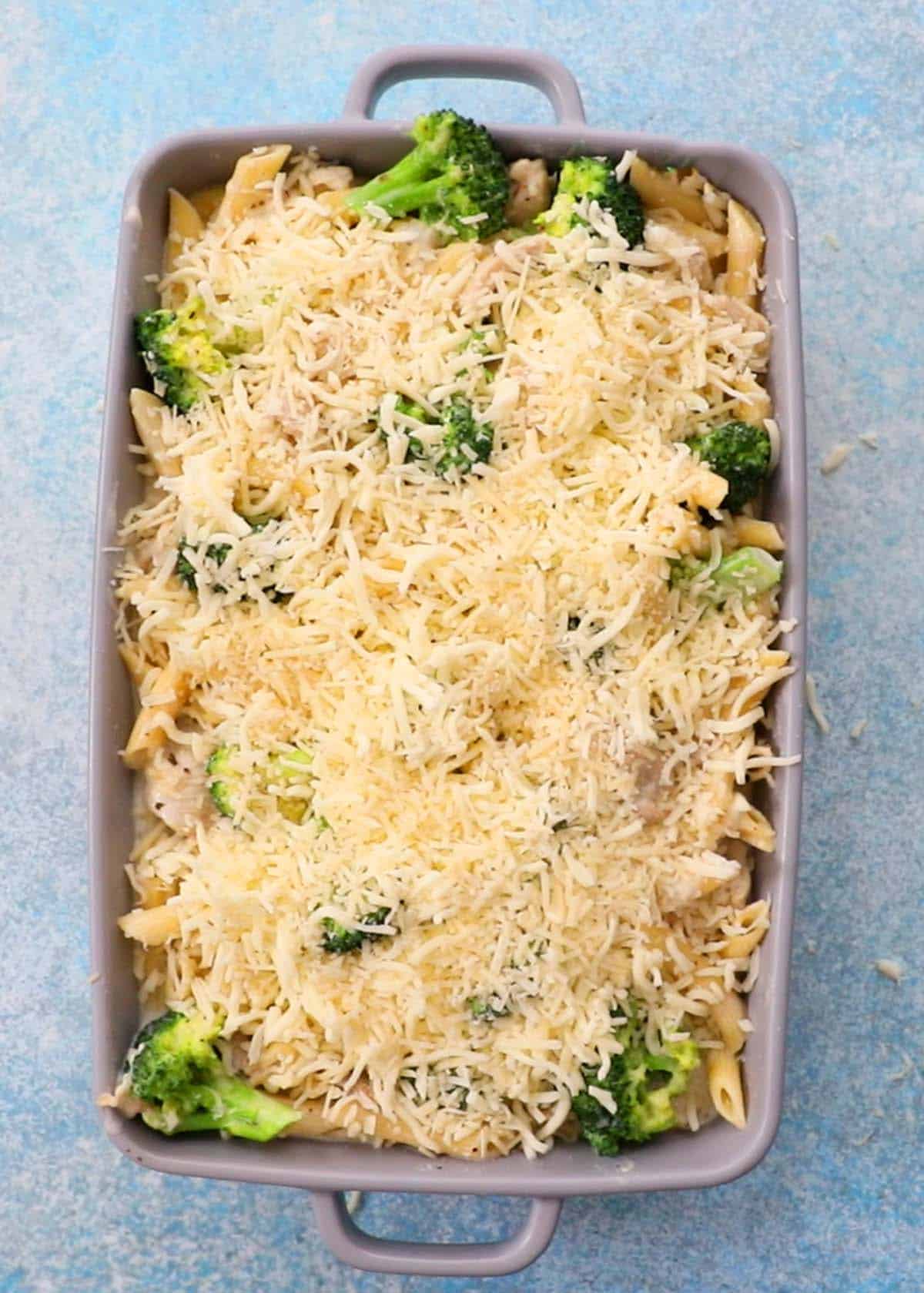 chicken broccoli pasta assembled in a grey baking dish topped iwth white cheese.