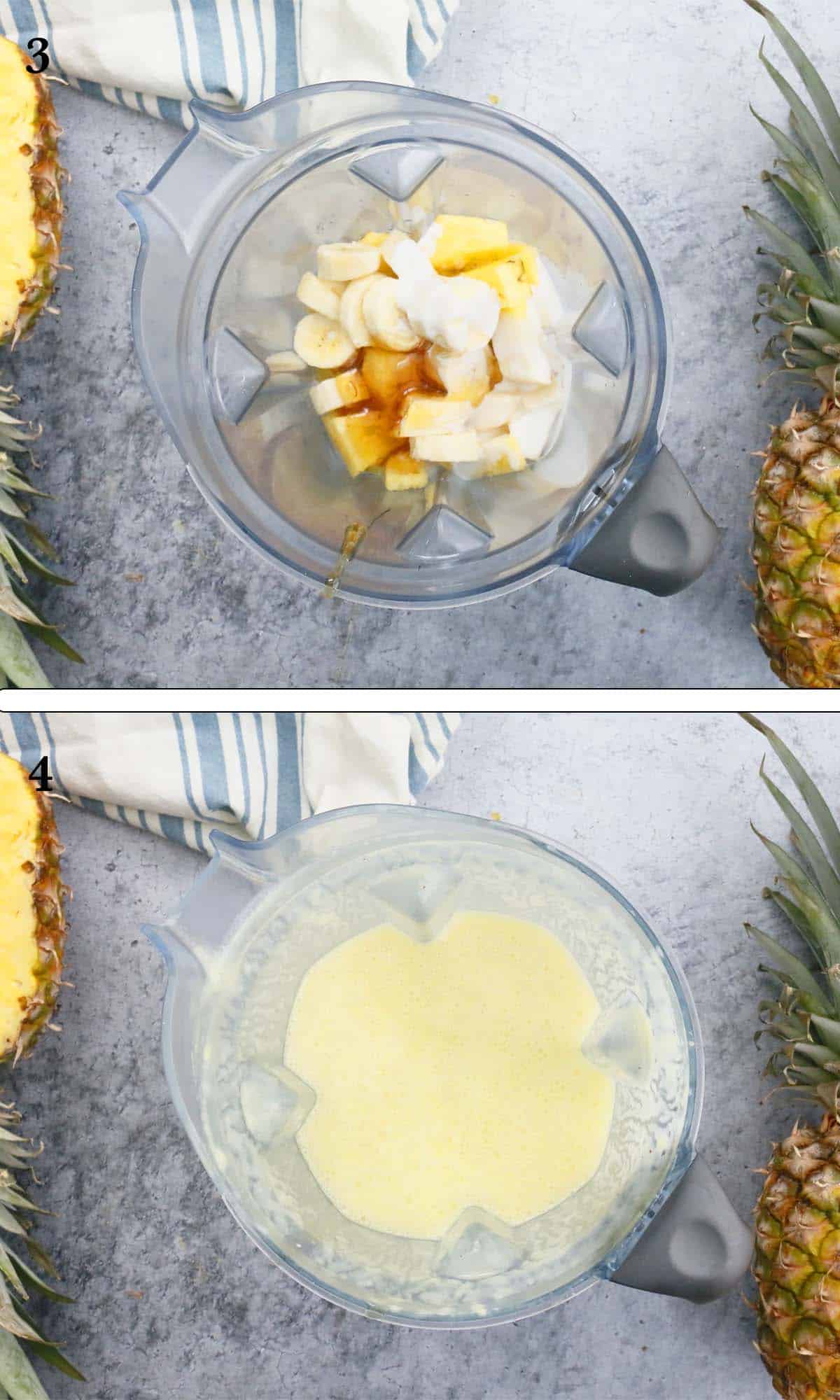 2 photo collage of yellow pineapple smoothie in a blender.