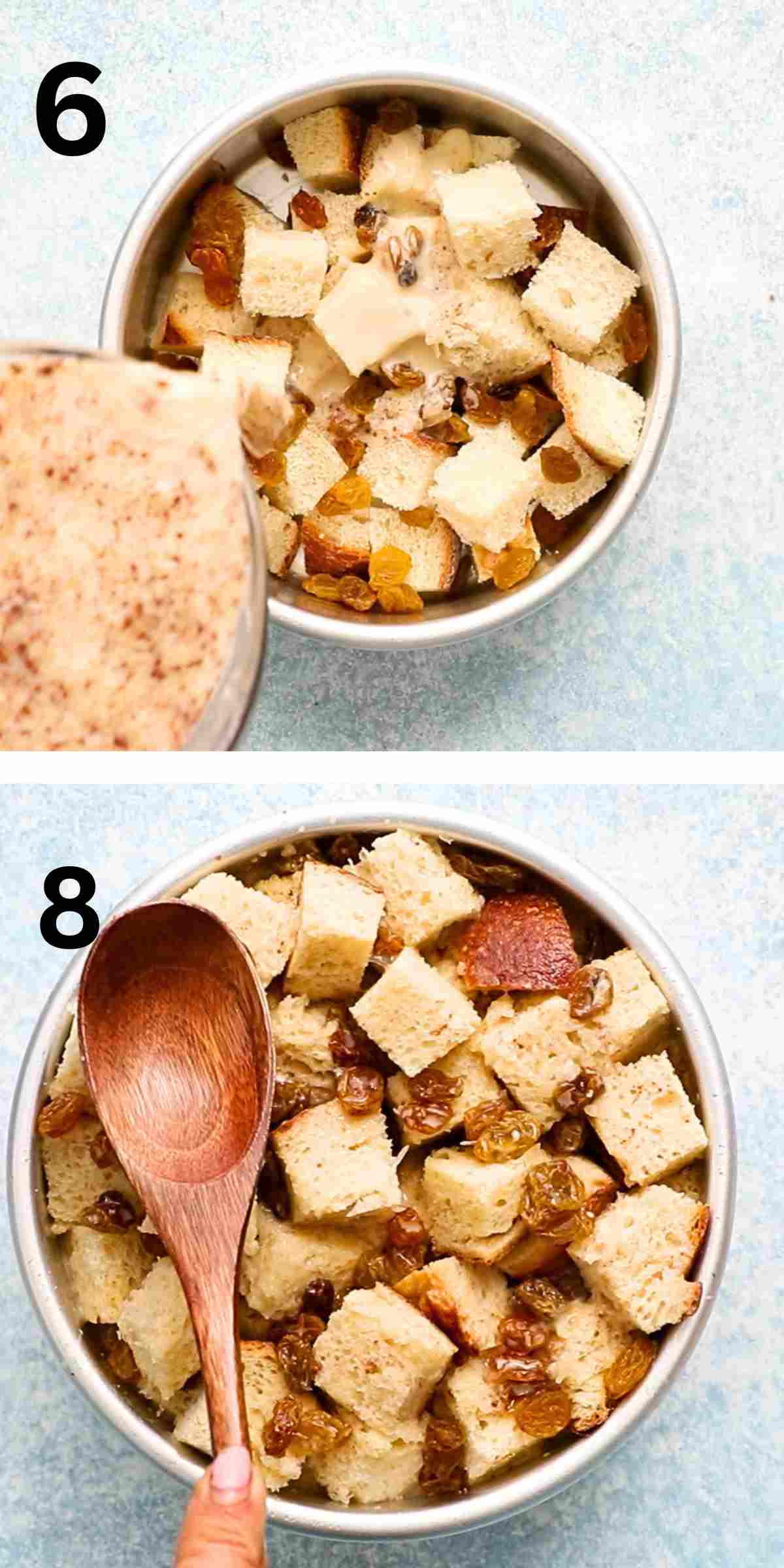 2 photo collage of assembling bread pudding in a round metal cake pan.