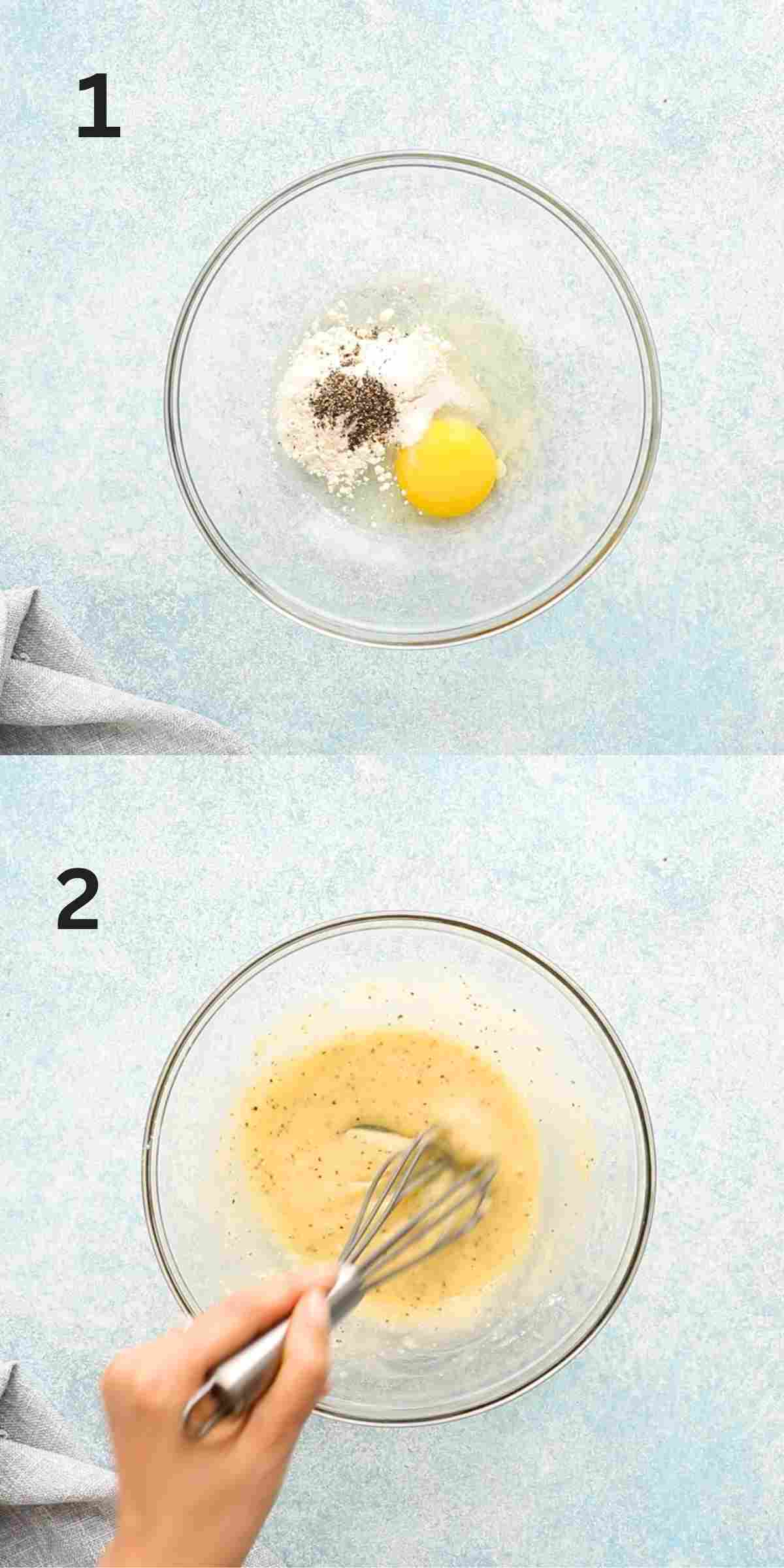 2 photo collage of a glass bowl with egg batter.