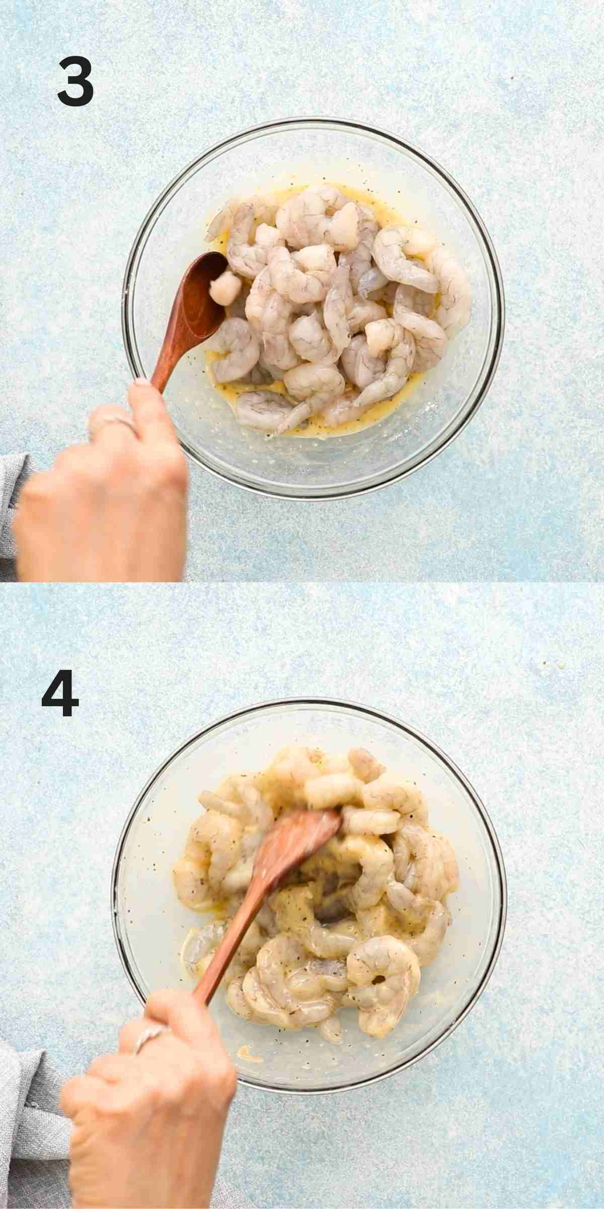 2 photo collage of a hand mixing raw shrimp with egg batter in a glass bowl.