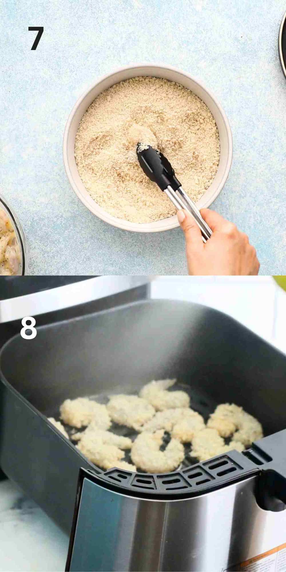 2 photo collage of a hand breading one shrimp with panko and air frying.