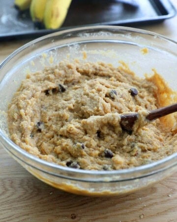 almond flour banana muffin batter in a glass bowl.