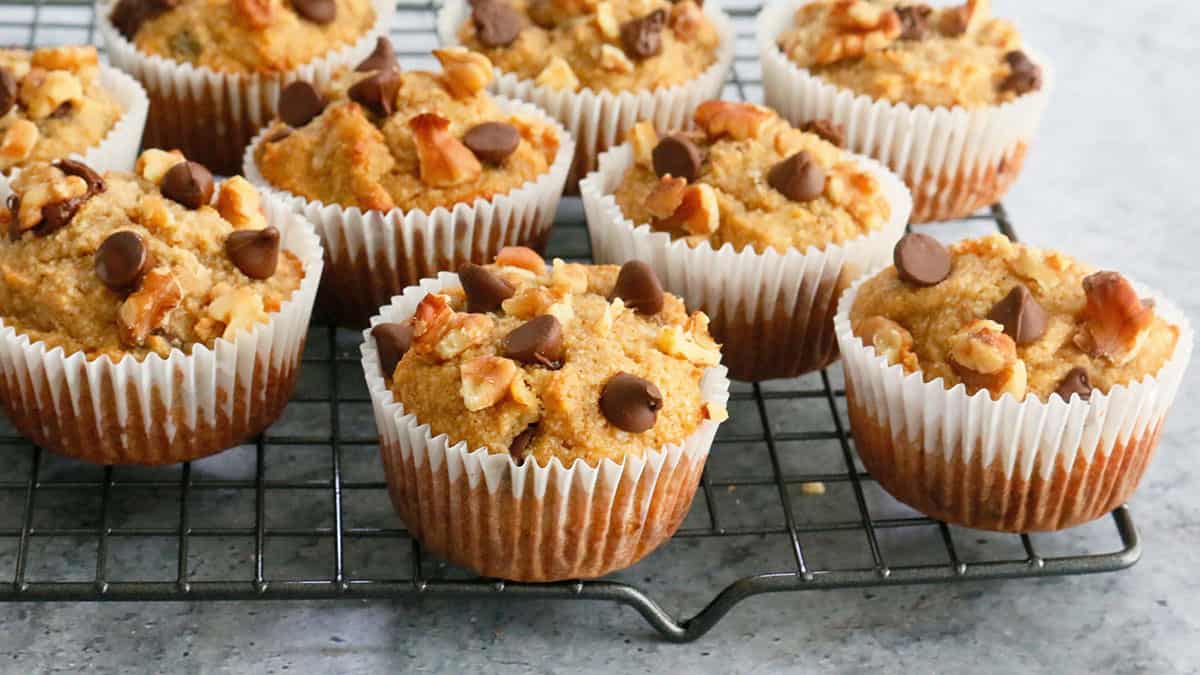 almond flour banana muffins on a wire rack.