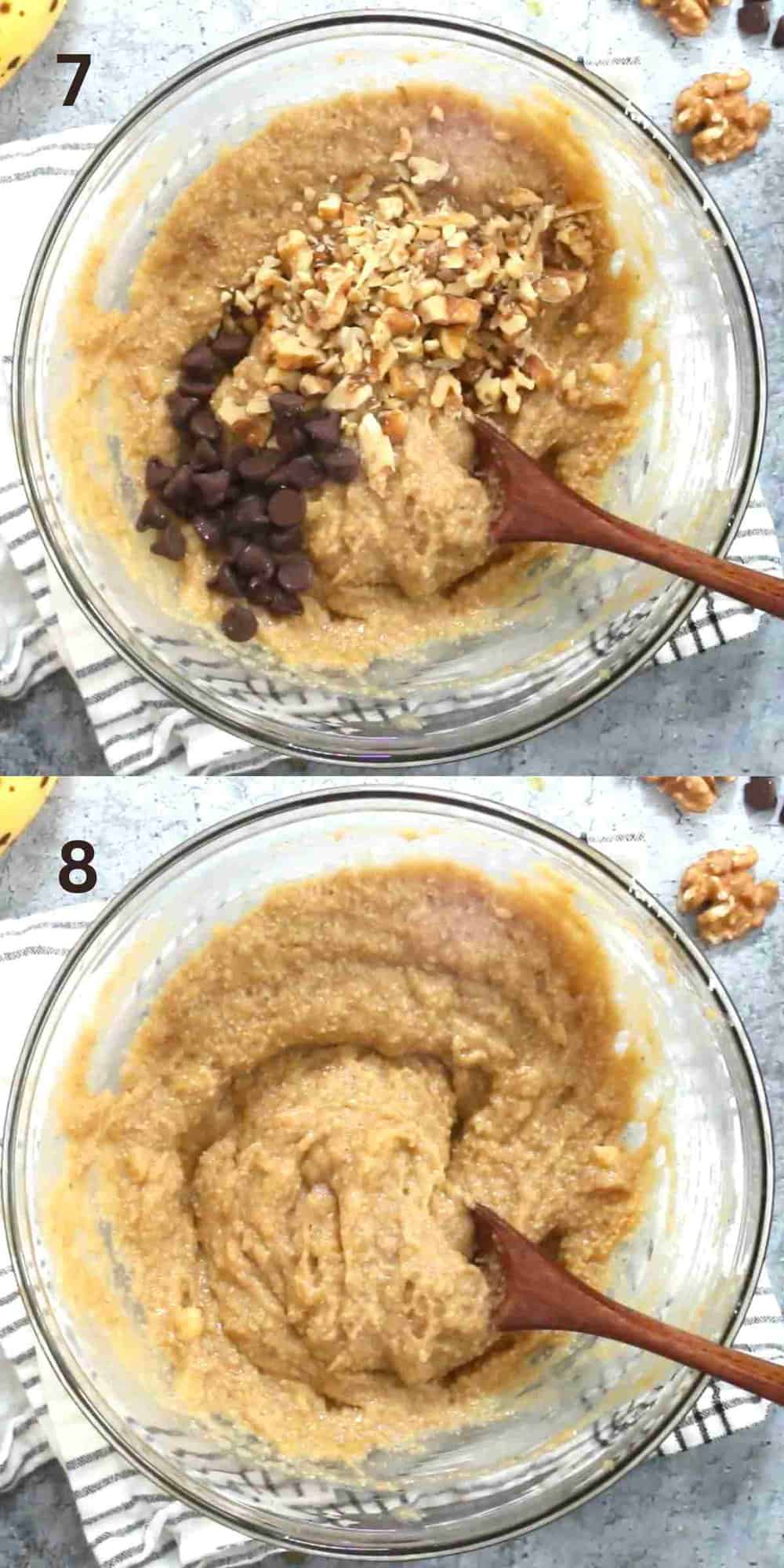 2 photo collage of mixing banana muffin batter in a glass bowl.