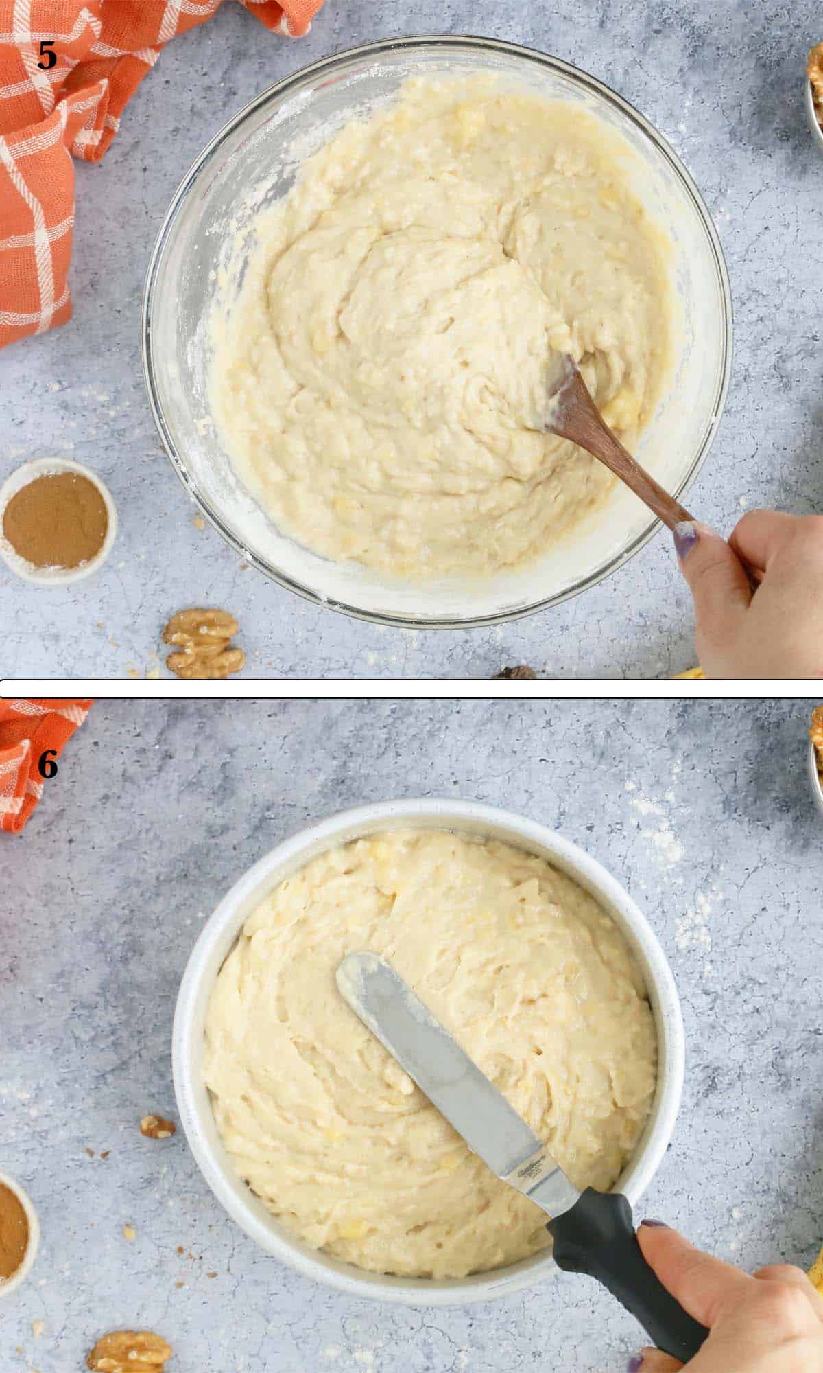 2 photo collage of cake batter in a glass bowl and a round cake pan. 