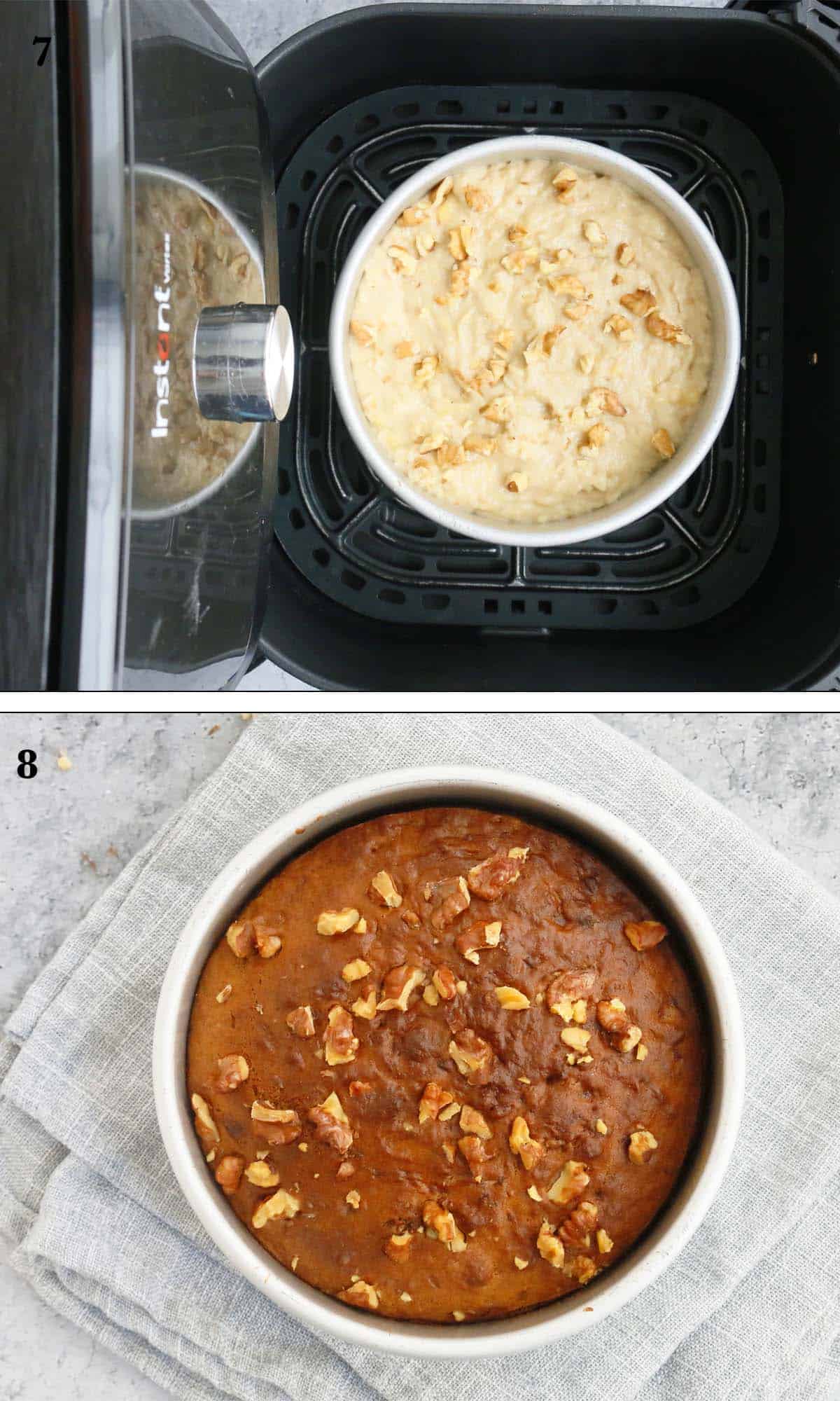 2 photo collage of cake pan with batter and baked cake.