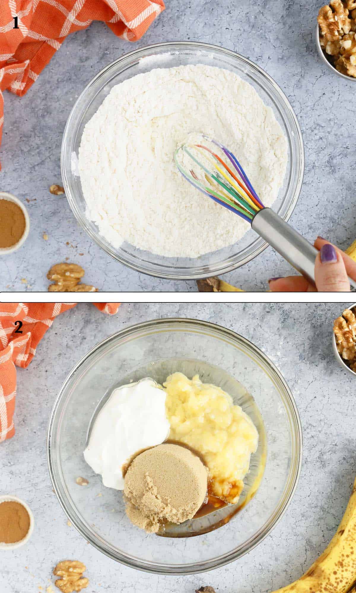 2 photo collage of dry and wet ingredients in a glass bowl.