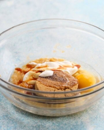 wet ingredients in a glass bowl. 