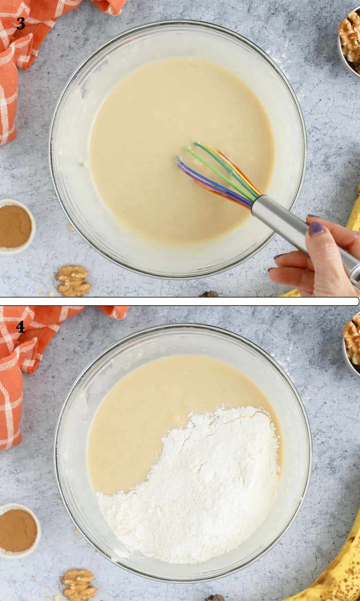 2 photo collage of dry and wet ingredients in a glass bowl.