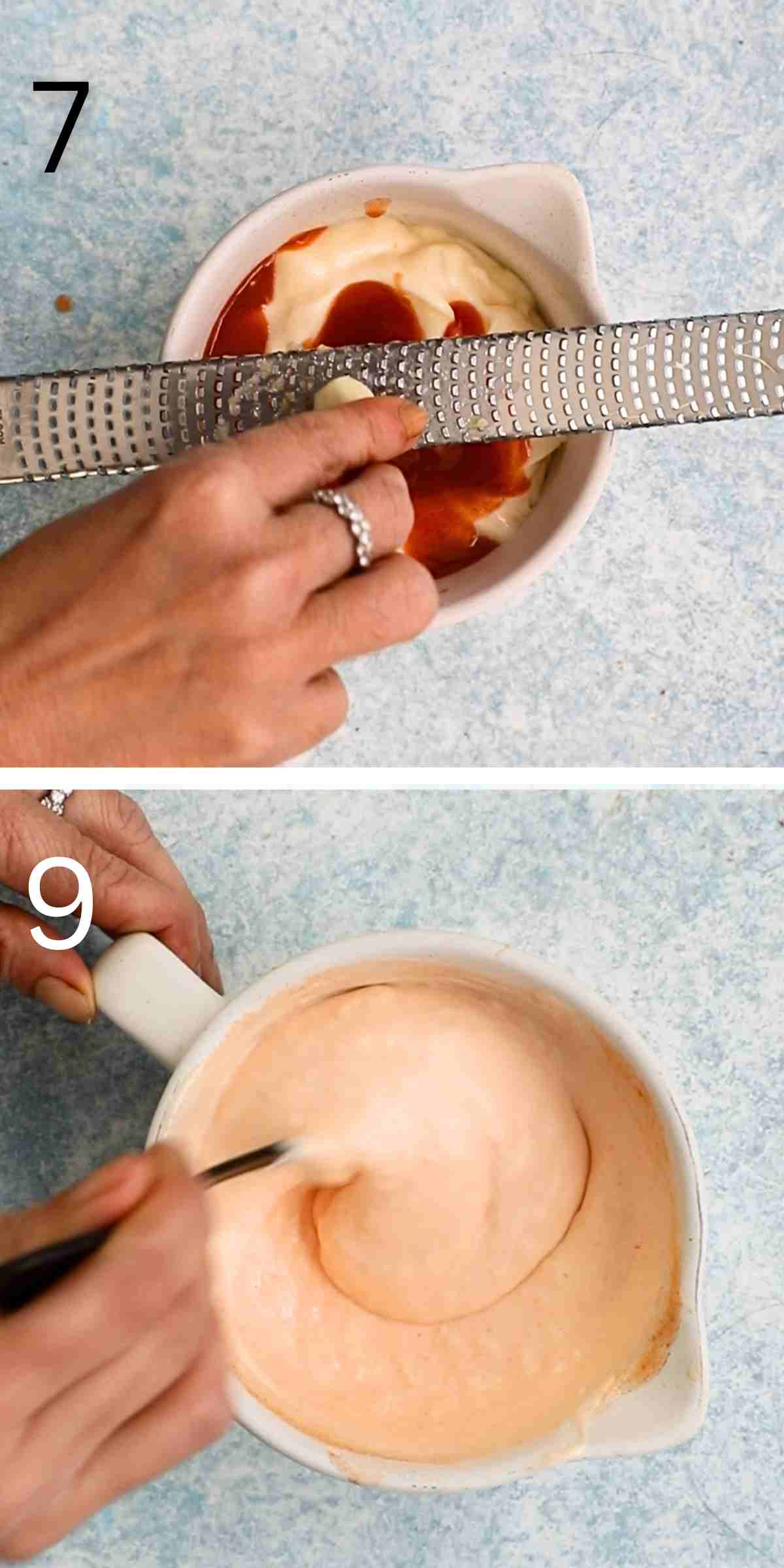 two photo collage of two hands mixing chicken burger sauce in a white bowl.