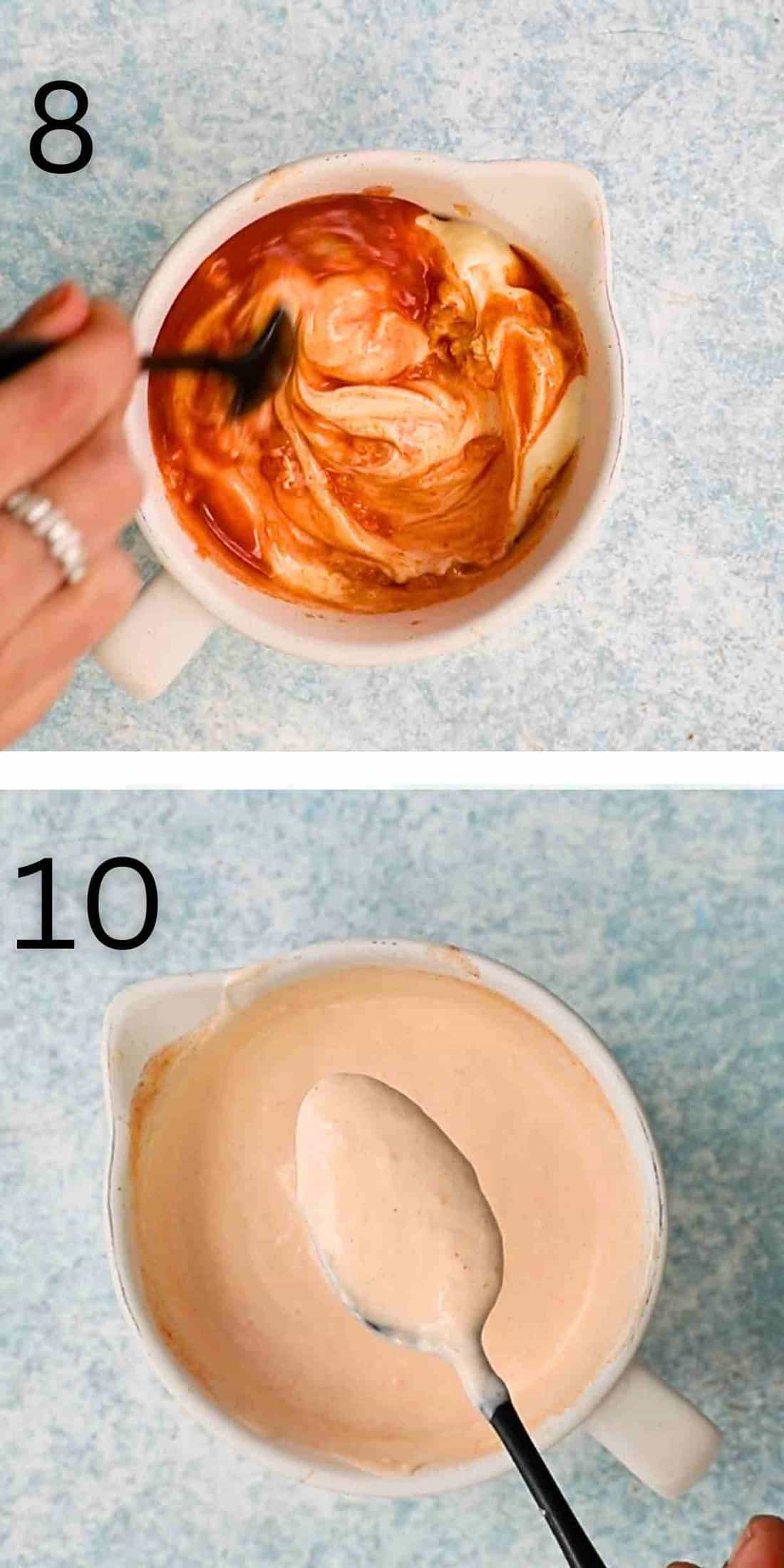 two photo collage of two hands mixing chicken burger sauce in a white bowl.