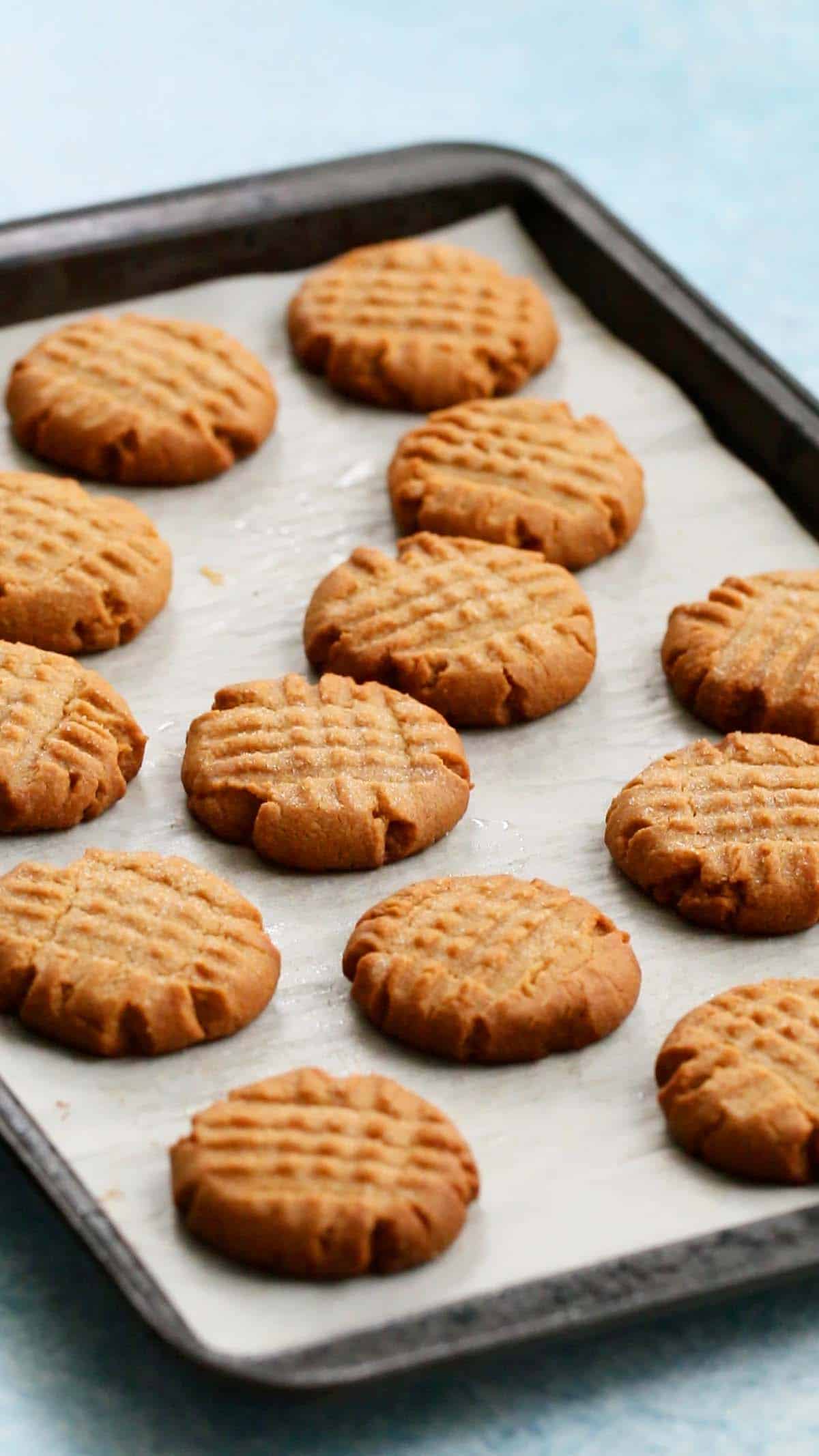 parchment lined baking sheet with baked almond butter cookies. 