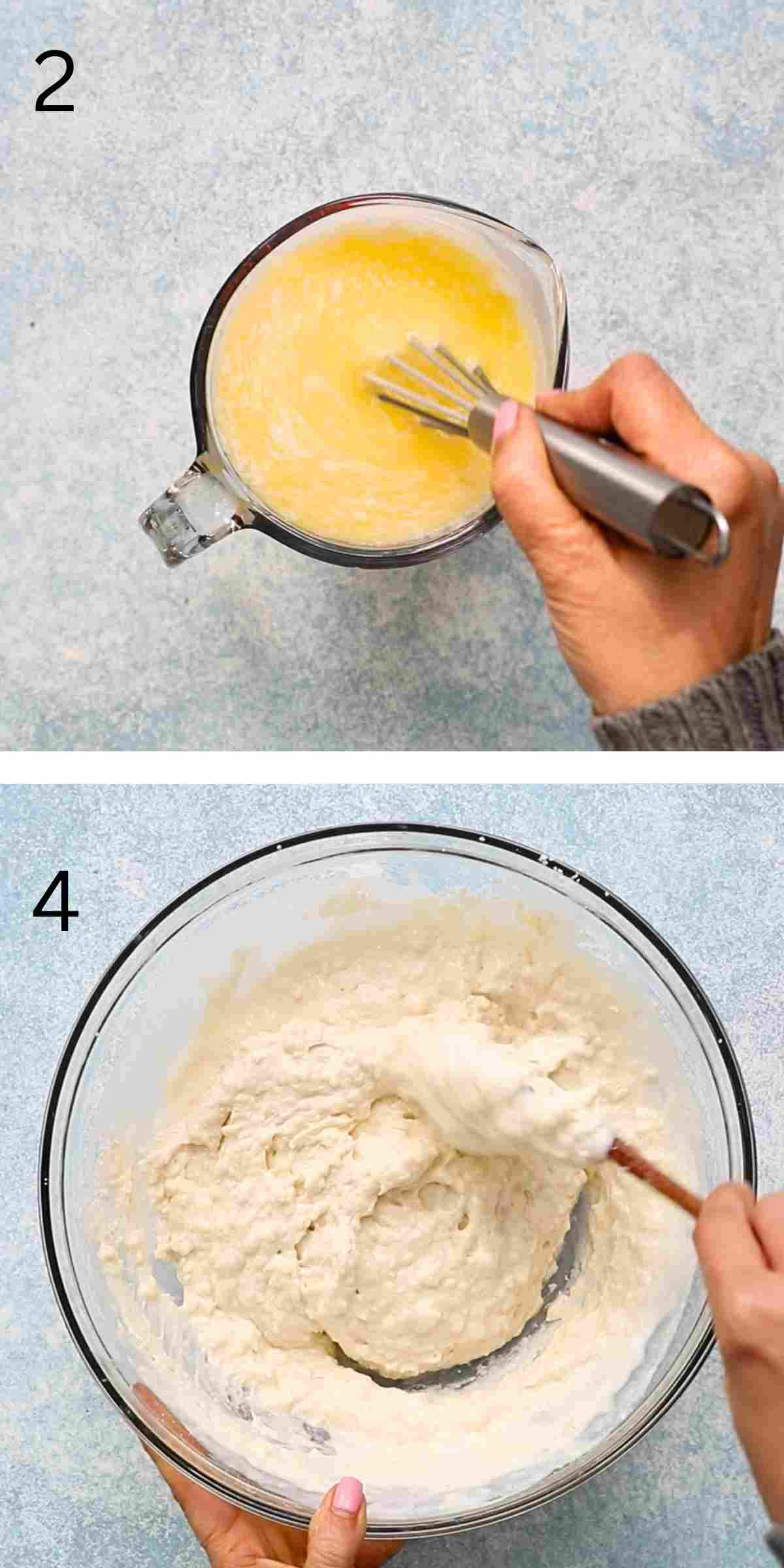 two photo collage of making waffle batter in a large glass bowl. 