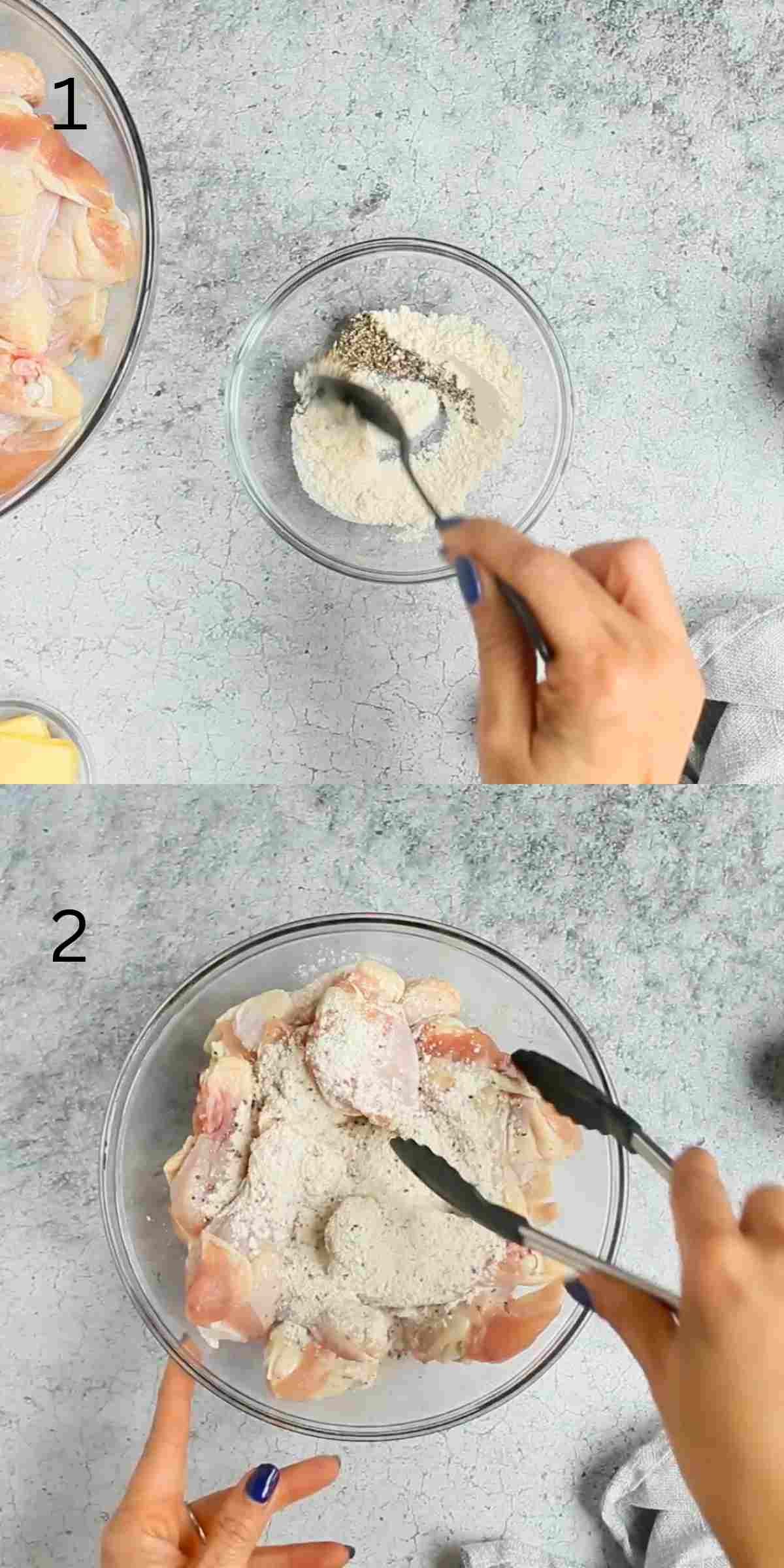 2 photo collage of mixing seasoning with raw chicken wings in a glass bowl. 