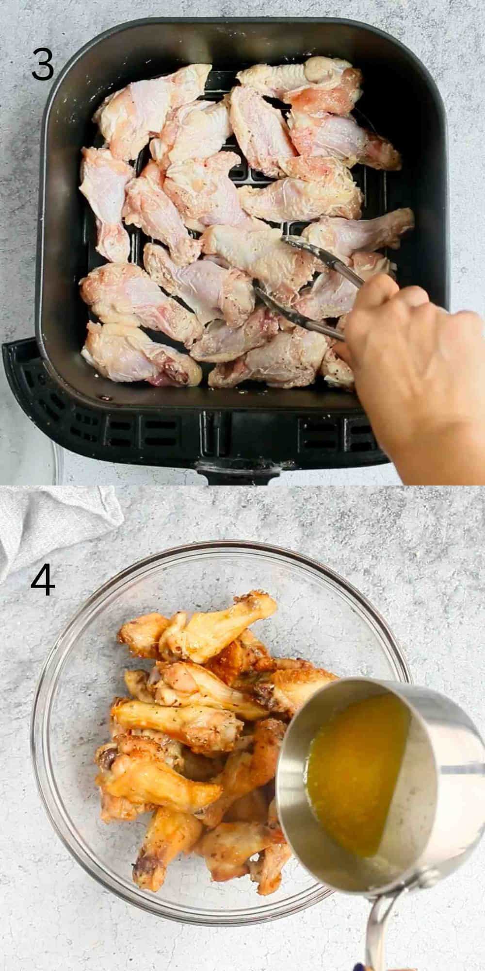 2 photo collage of placing wings in an air fryer basket and then pouring butter into the cooked wings.