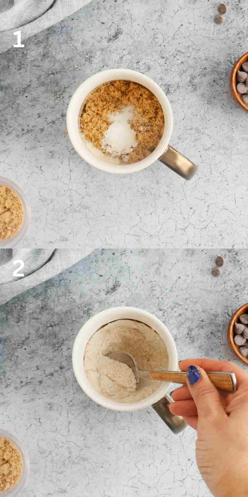 2 photo collage of mixing dry ingredients in a white mug.
