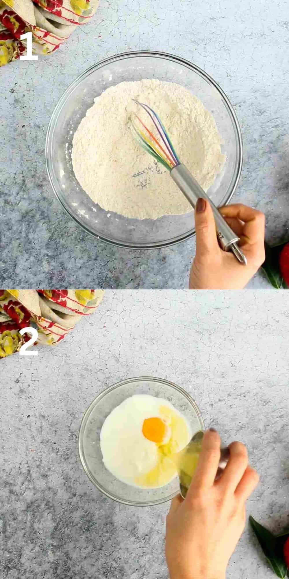 2 photo collage of mixing dry and wet ingredients in a glass bowl.