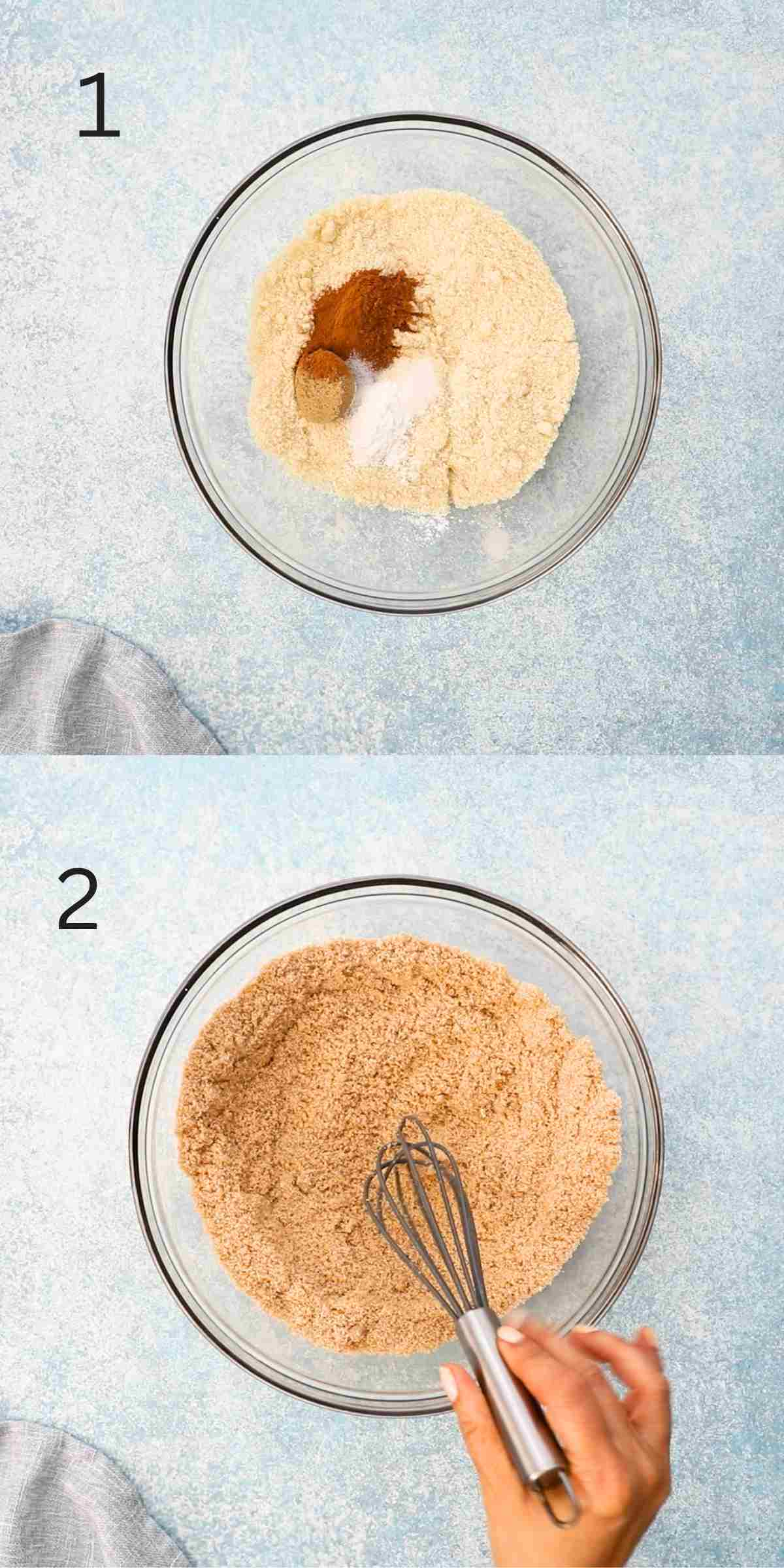 2 photo collage of a hand whisking dry ingredients in a glass bowl.