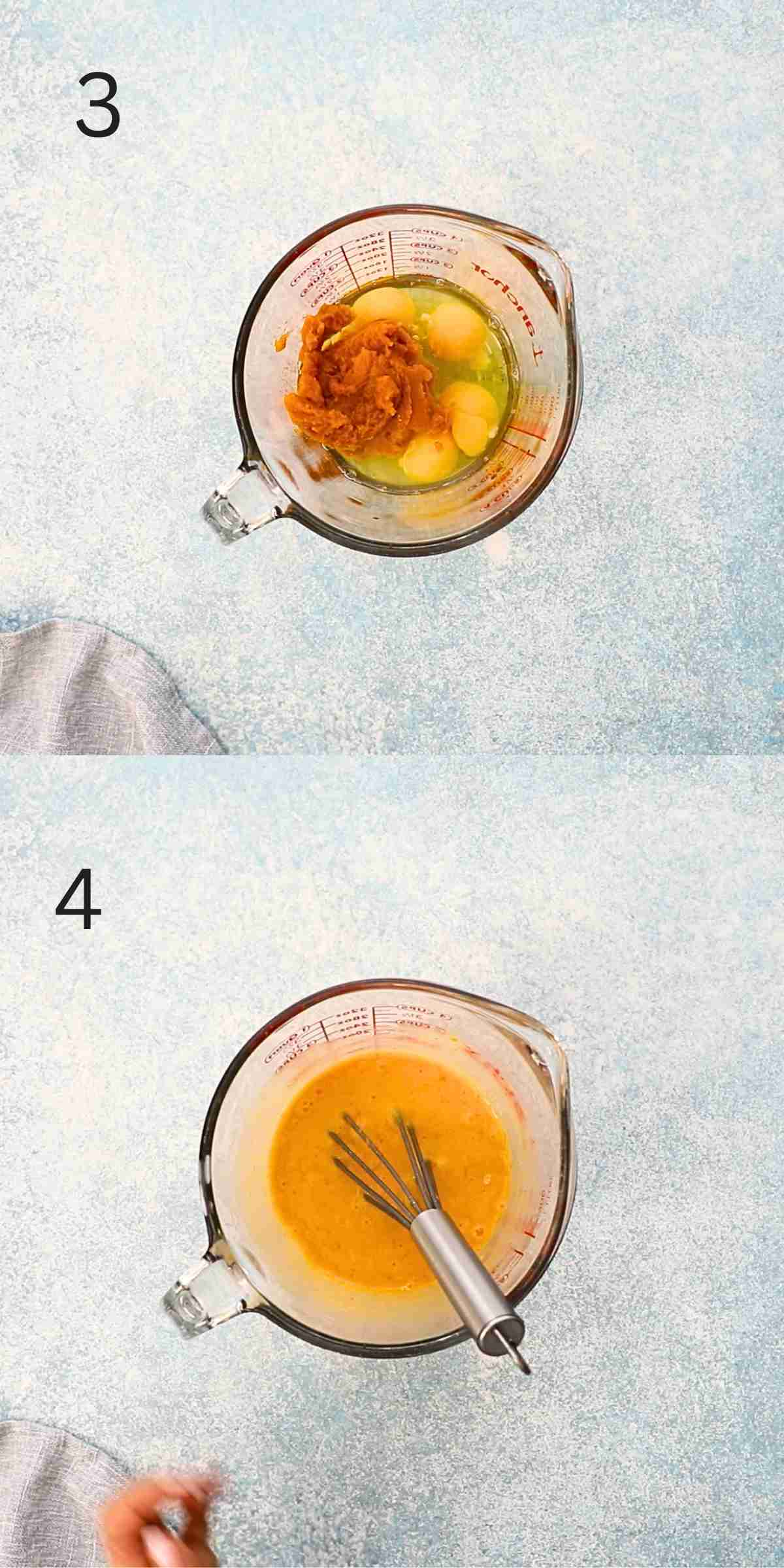 2 photo collage of eggs and pumpkin puree in a glass measuring cup.