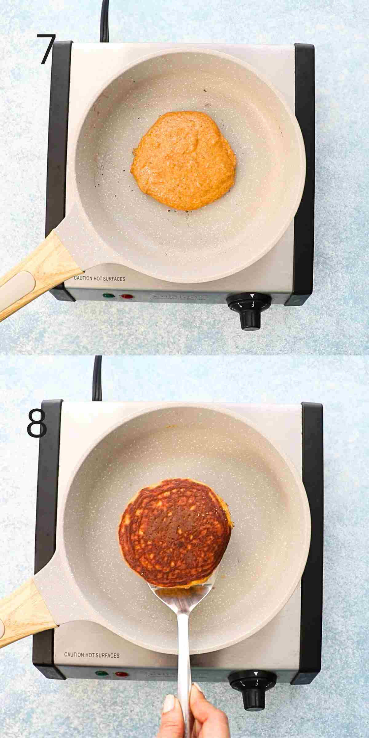 2 photo collage of cooking one pancake in a white skillet.