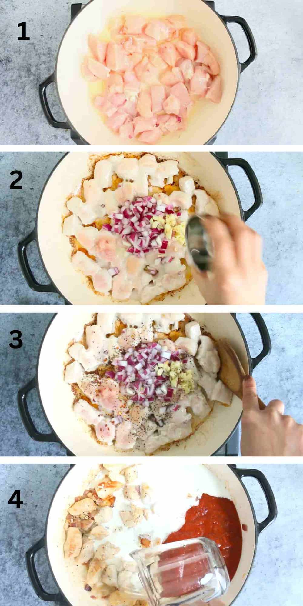 4 photo collage of cooking chicken and aromatics in a large white skillet.