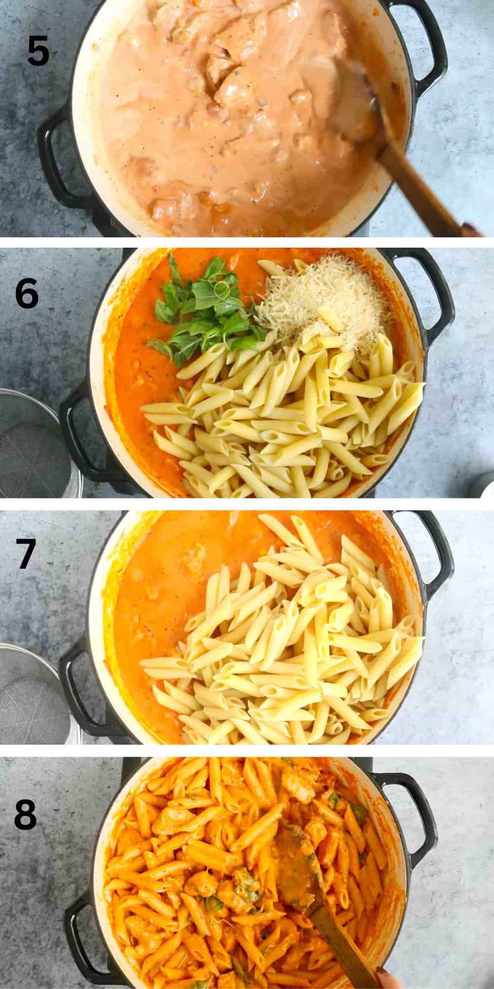 4 photo collage of cooking pasta in a white skillet.
