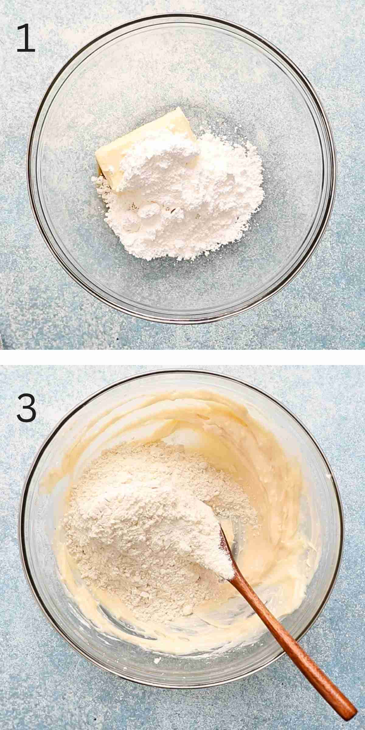 2 photo collage of a hand mixing cookie dough in a glass bowl.