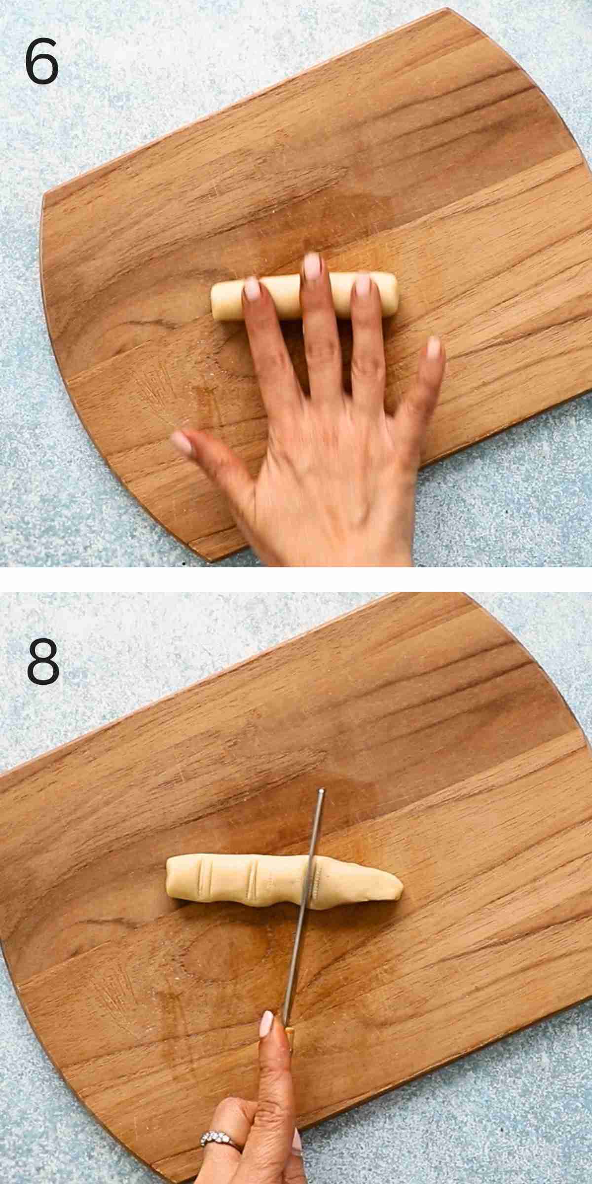 2 photo collage of a two hands shaping finger shaped cookie.